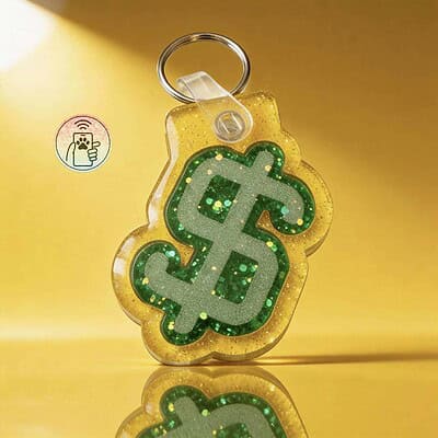 NFC pet ID tag shaped like a dollar sign with green glitter, designed for dogs and cats.