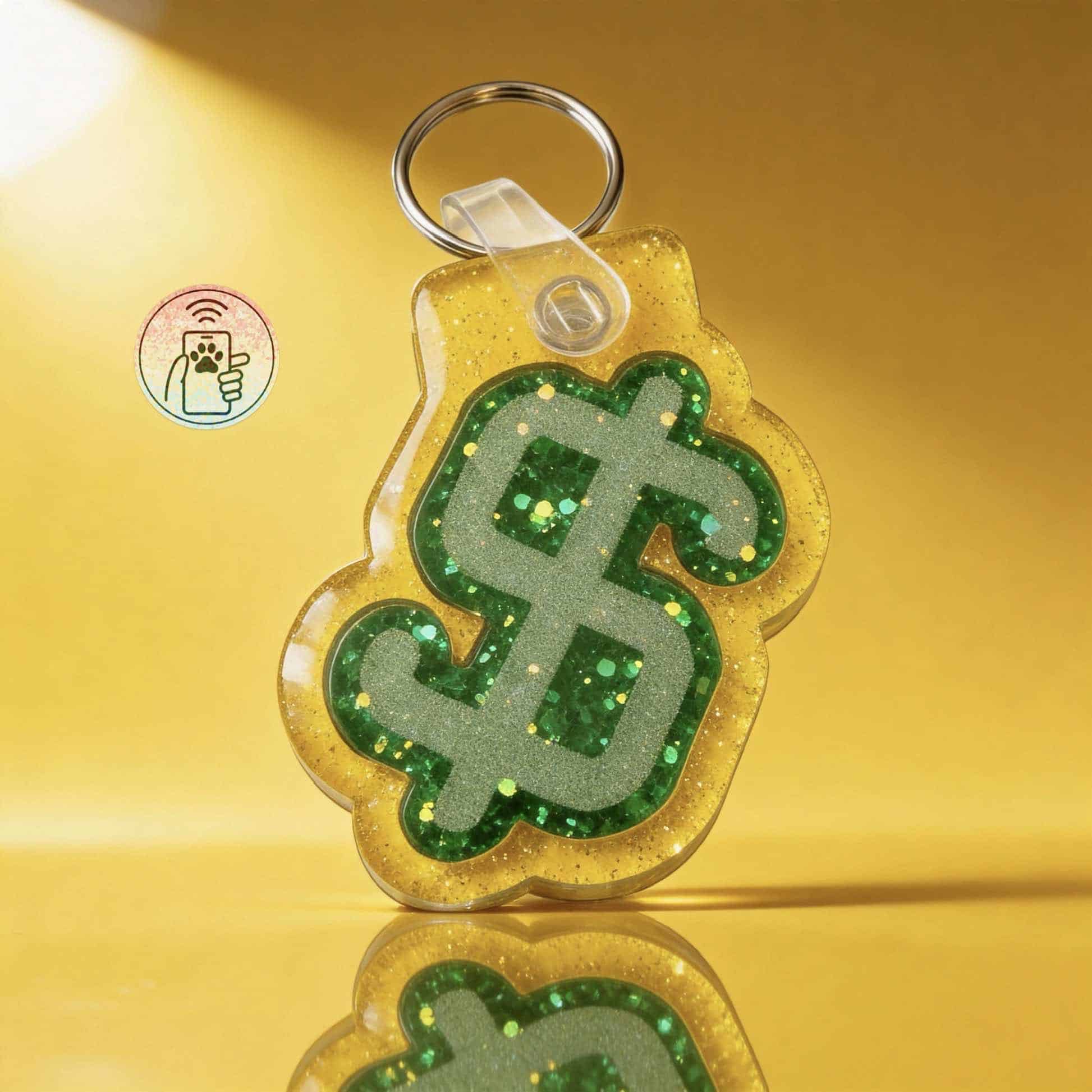 NFC pet ID tag shaped like a dollar sign with green glitter, designed for dogs and cats.