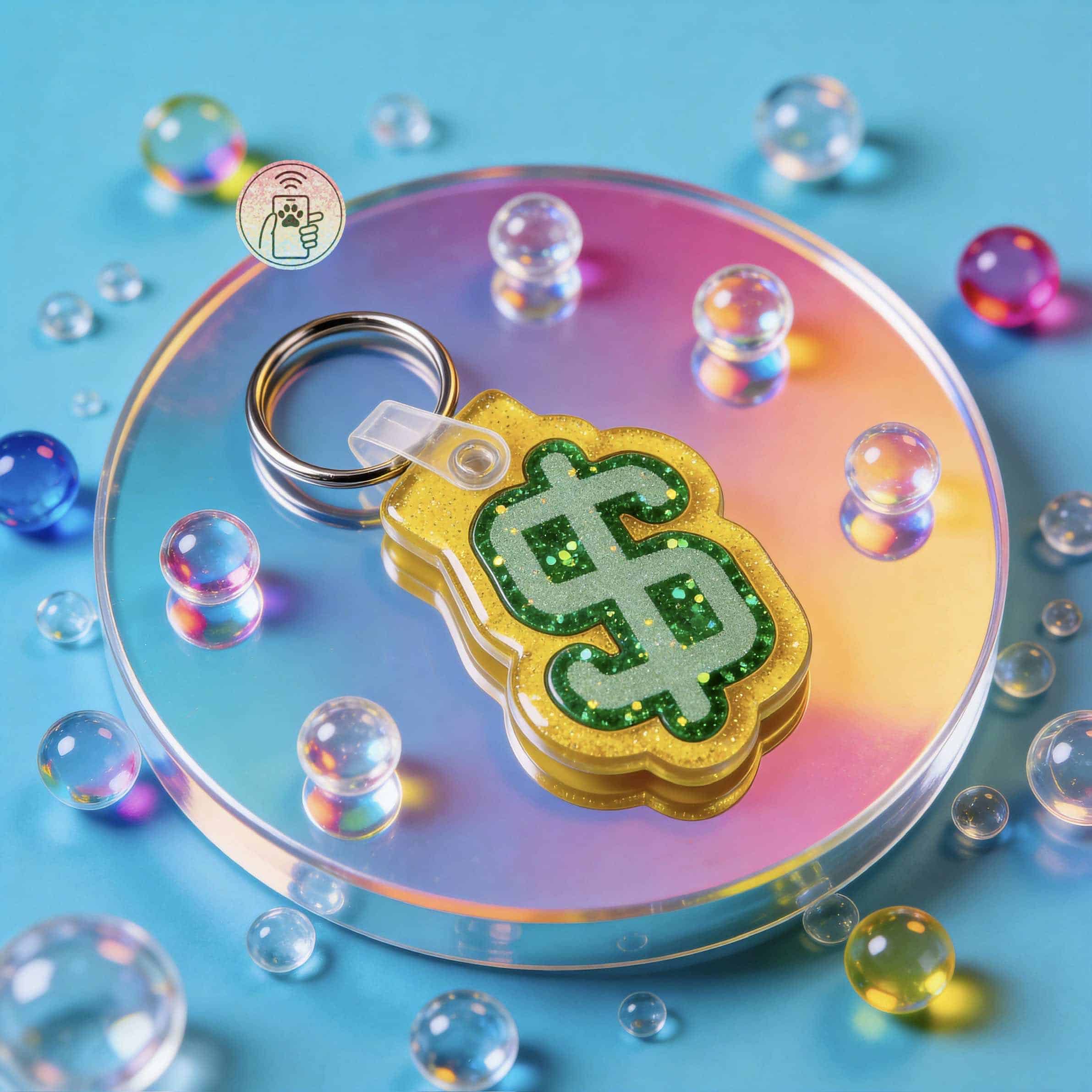 NFC pet ID tag shaped like a dollar sign with a keyring, colorful and sparkly, for pet identificatio.