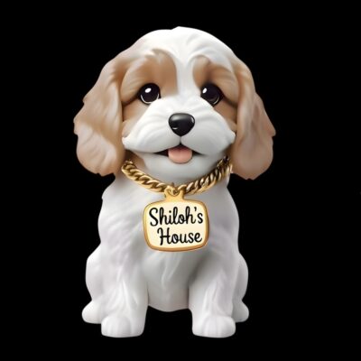 Dog figurine wearing a gold chain with "Shiloh's House" tag — Shiloh's House smart NFC pet tag with free companion Lohji app.