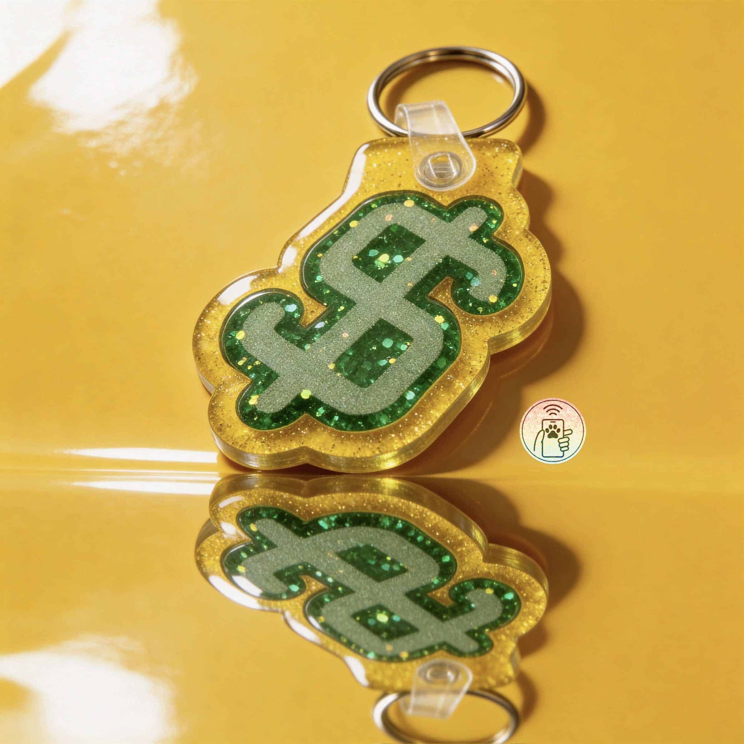 Bright green glitter pet ID tag in dollar sign shape for dogs and cats.
