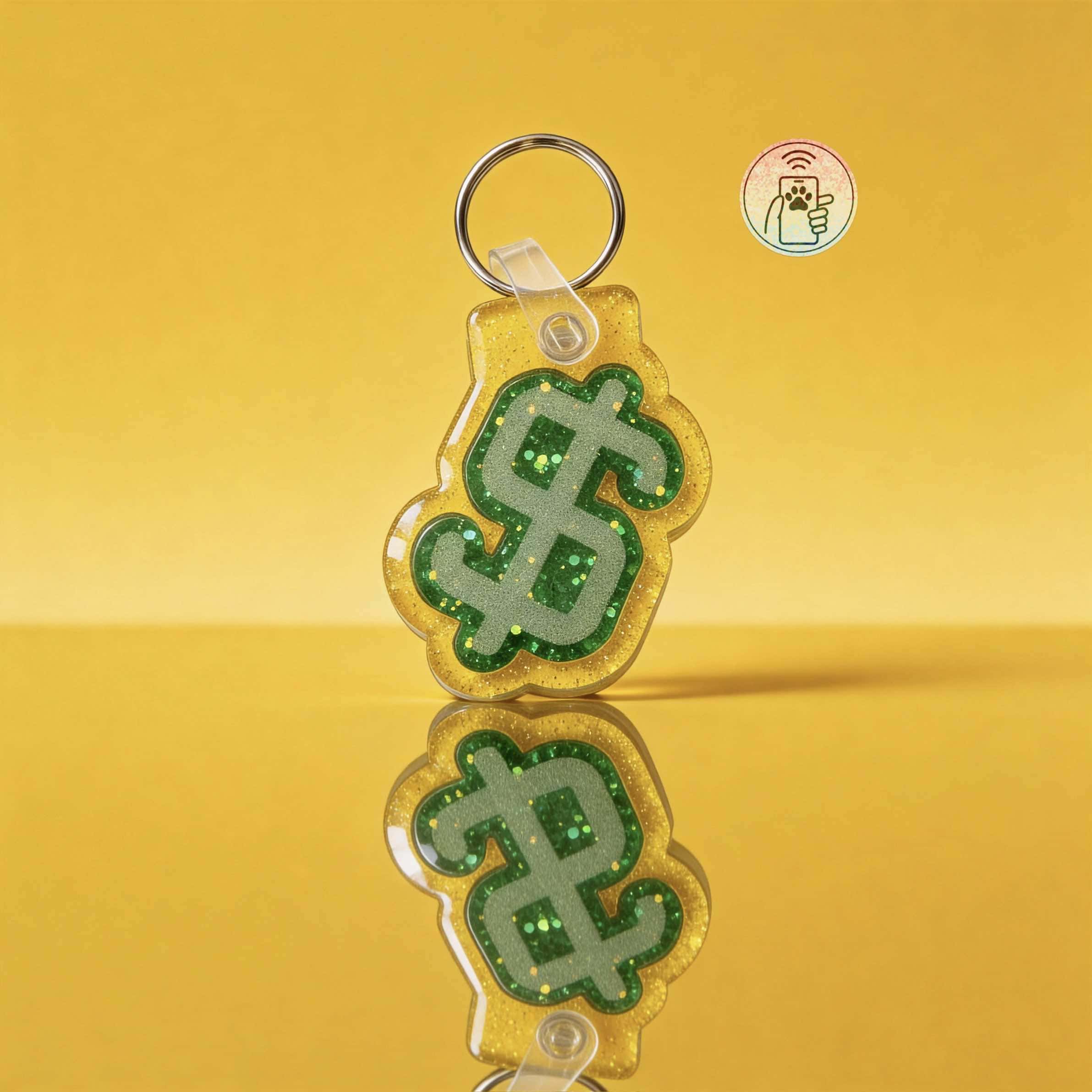 NFC pet ID tag shaped like a dollar sign with green glitter, designed for dogs and cats.