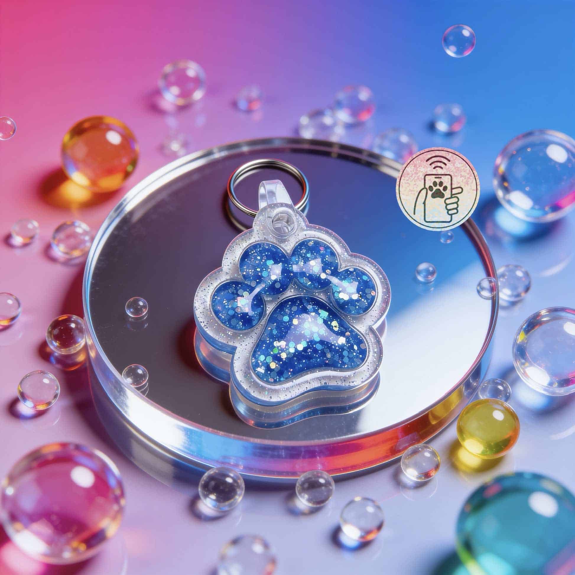 Blue glitter paw-shaped NFC pet ID tag with cloud design, surrounded by colorful bubbles on a reflec.