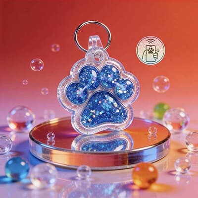 NFC pet ID tag in paw shape with glitter, perfect for dogs and cats.