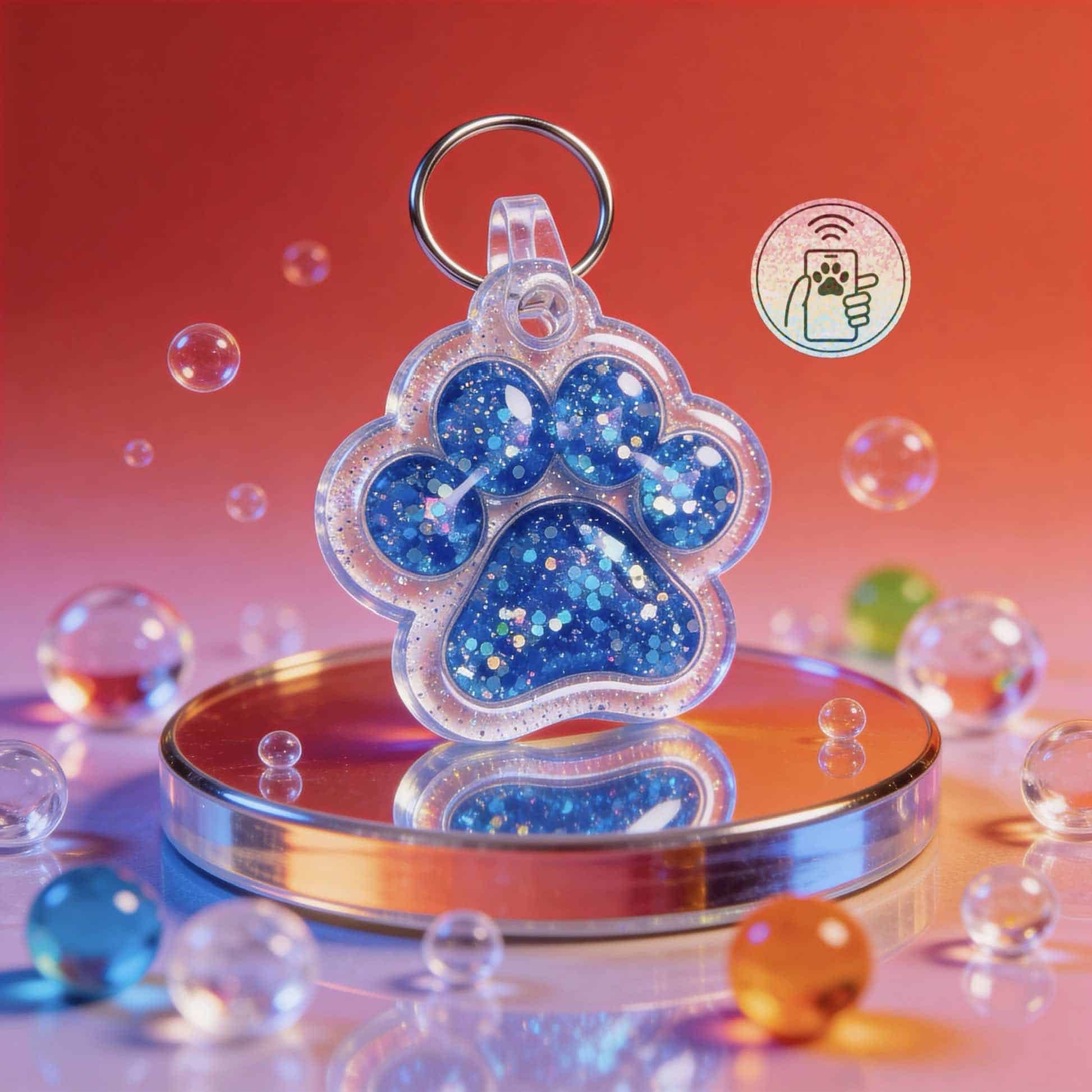 NFC pet ID tag in paw shape with glitter, perfect for dogs and cats.