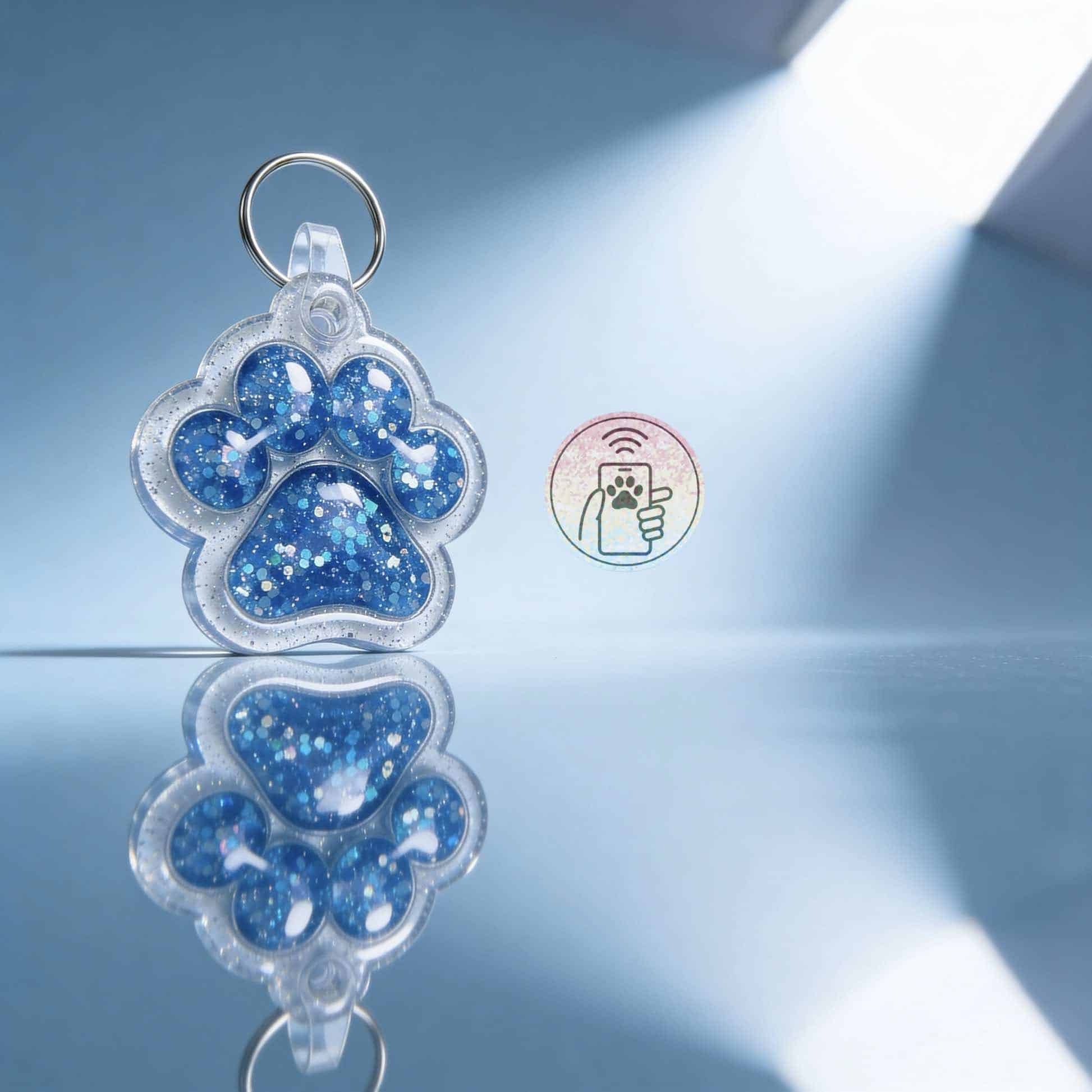 Dog paw-shaped NFC pet ID tag with blue glitter design, reflective surface, and keyring attachment.