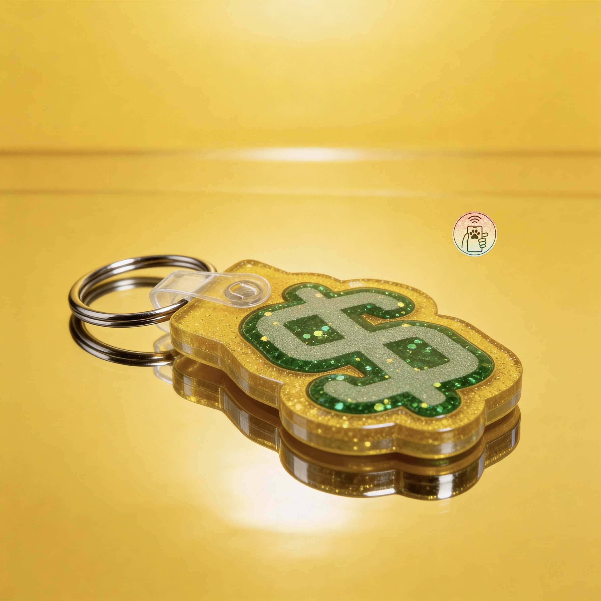 Glittery green and gold dollar sign-shaped NFC pet ID tag for dogs and cats.
