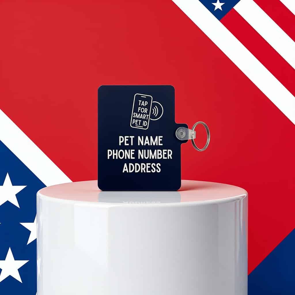 NFC pet ID tag with contact info, designed for dogs and cats, featuring an American flag background.