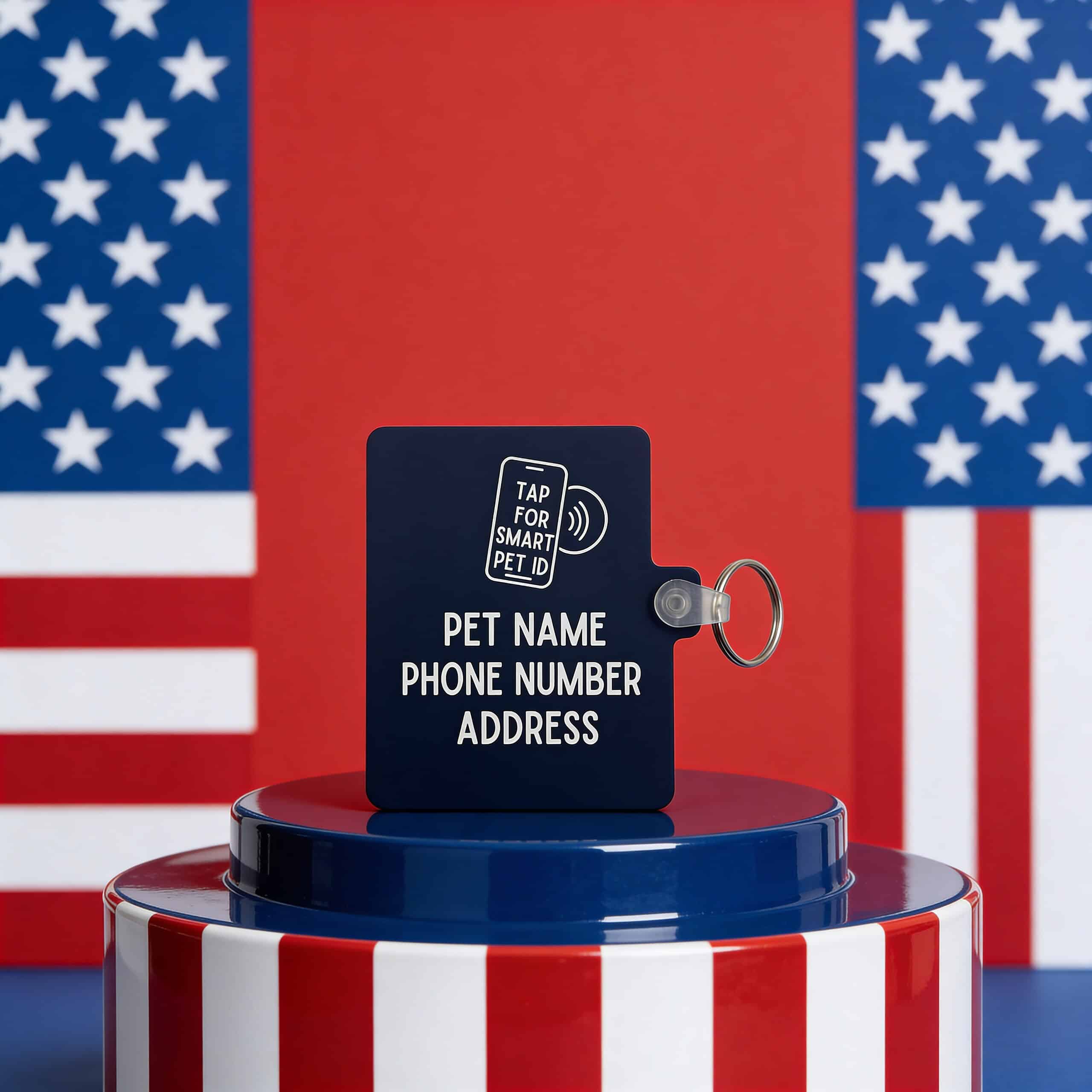 NFC pet ID tag with customizable space for pet's name, phone number, and address, featuring a keyrin.