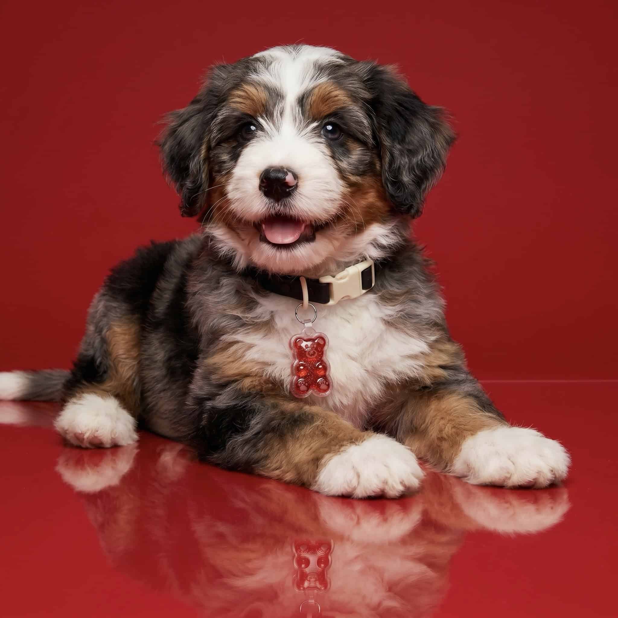 Bernese mountain dog puppy wearing a red gummy bear NFC smart pet ID tag on a red background.
