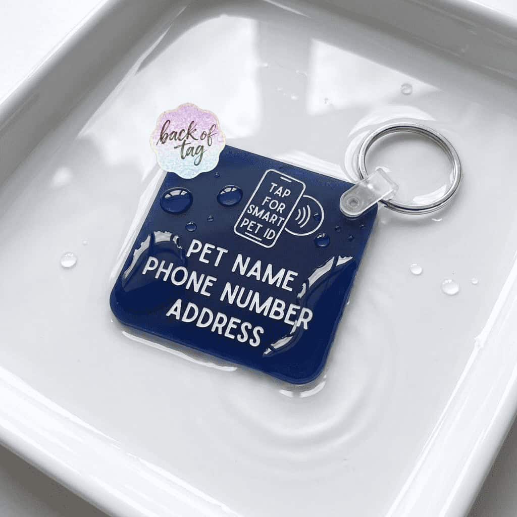 Pet ID tag with contact info, NFC chip, and "back of tag" sticker for dogs and cats. Durable acrylic.