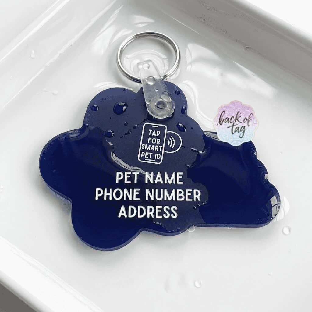 Blue cloud-shaped NFC pet ID tag with space for pet name, phone number, and address — Shiloh's House smart NFC pet tag with free companion Lohji app.