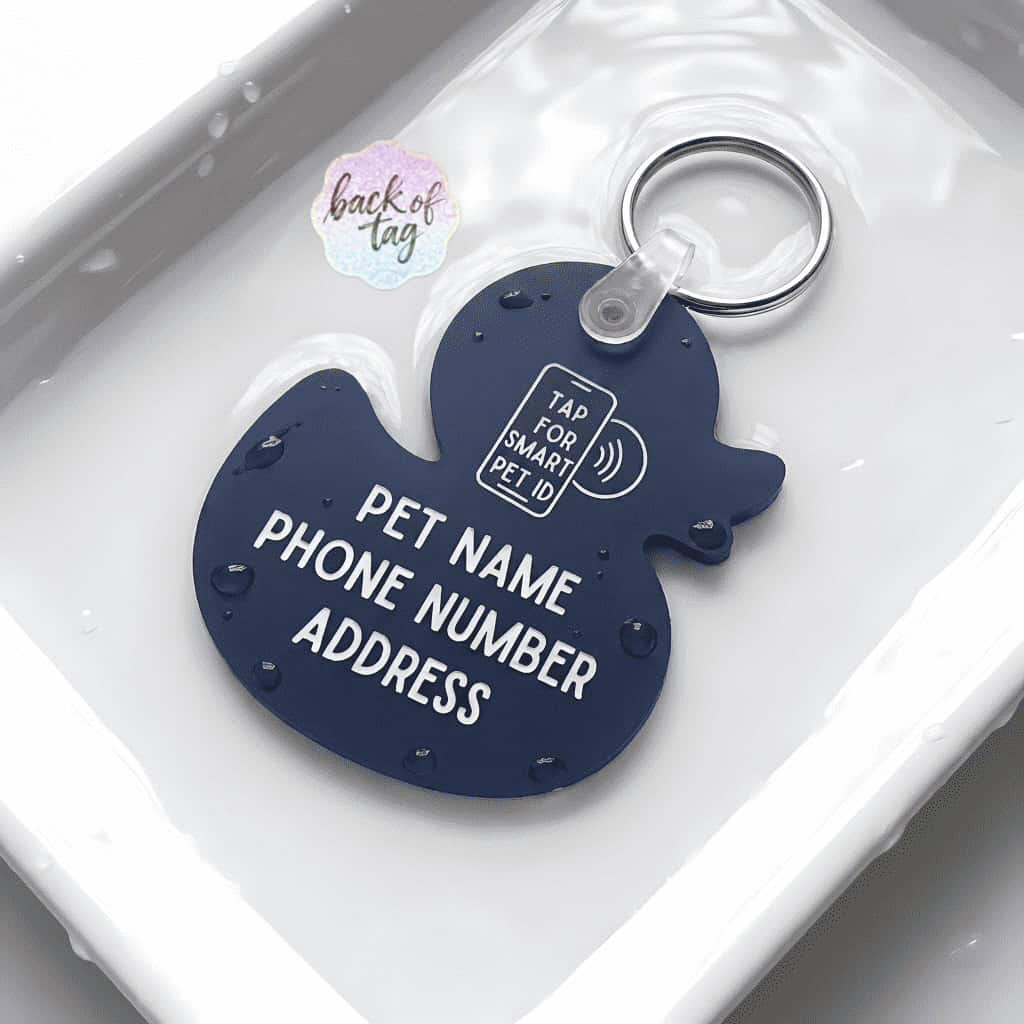 Navy blue pet ID tag shaped like a duck with space for pet name, phone, and address — Shiloh's House smart NFC pet tag with free companion Lohji app.