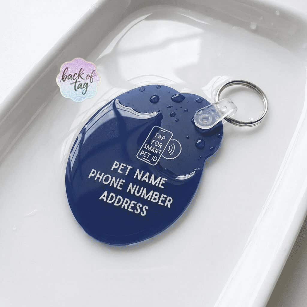NFC pet ID tag with space for pet's name, phone number, and address, designed for dogs and cats.