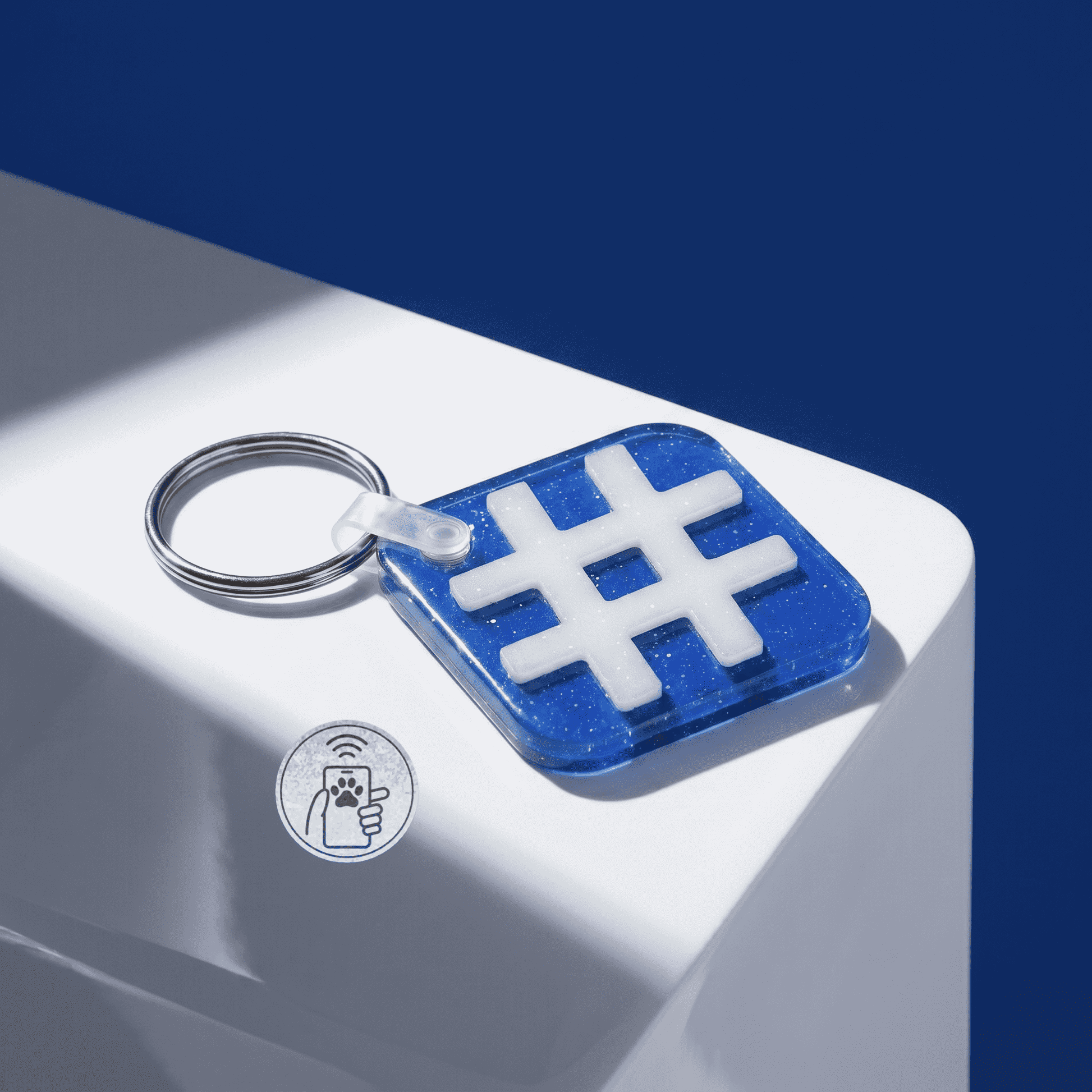 NFC pet ID tag shaped like a hashtag, made of durable acrylic with a keyring attachment. Perfect for — Shiloh's House smart NFC pet tag with free companion Lohji app.