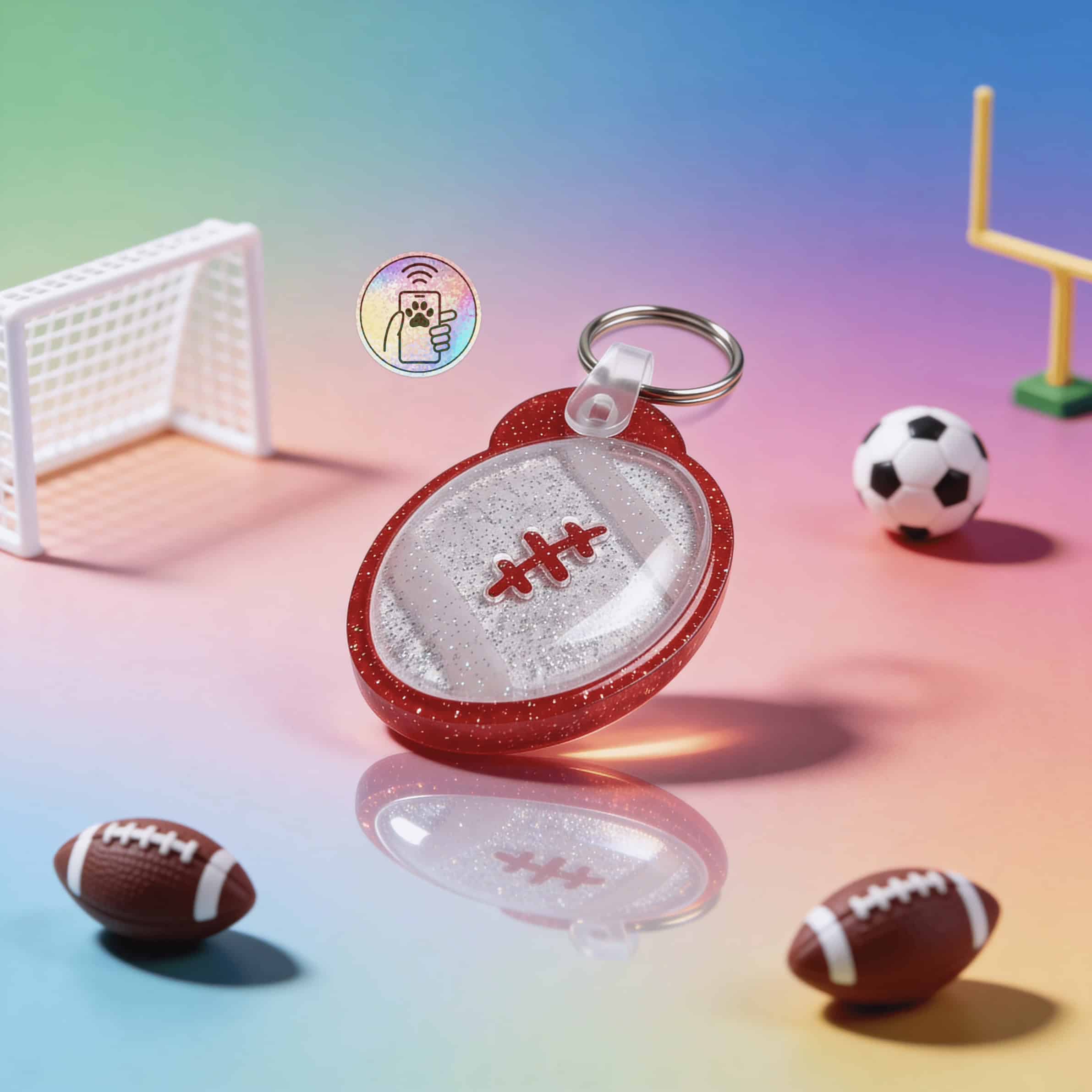 NFC pet ID tag shaped like a football with glitter and red stitching, perfect for dogs and cats.