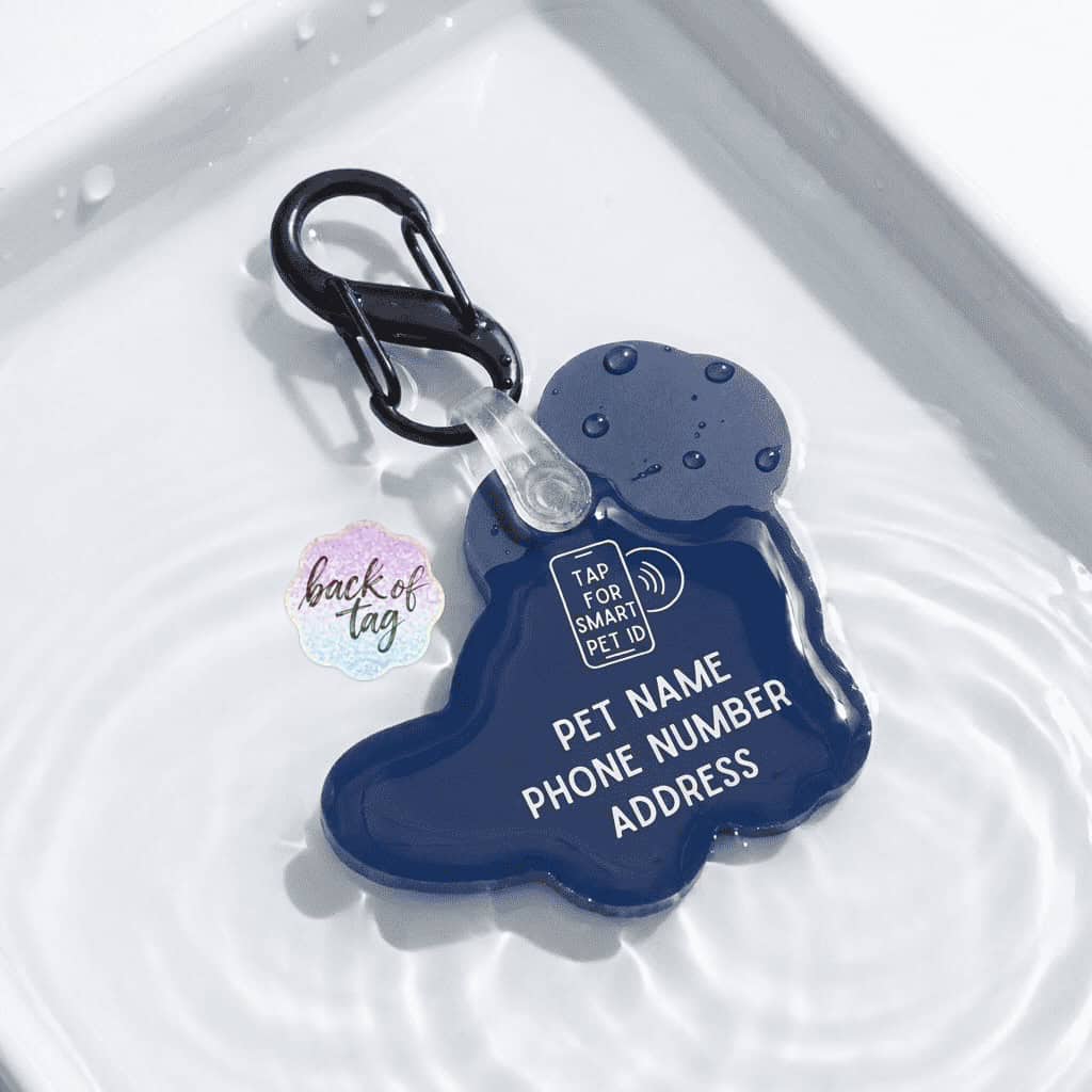 NFC pet ID tag in a dog shape with space for contact info, attached to a clip for easy attachment.