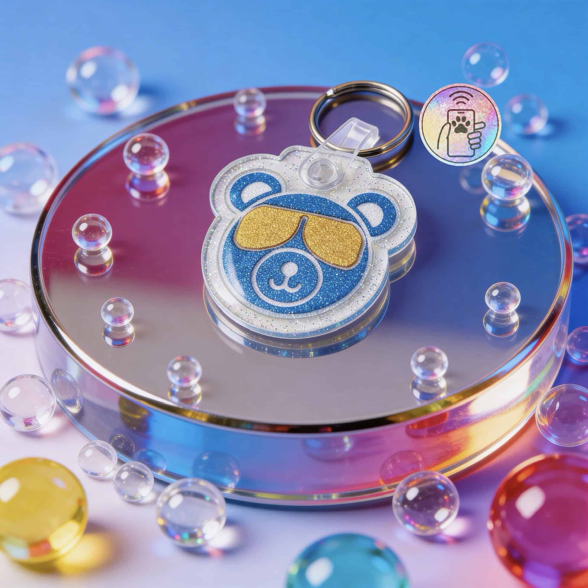 NFC pet ID tag shaped like a bear with glitter accents and a keyring for dogs and cats.