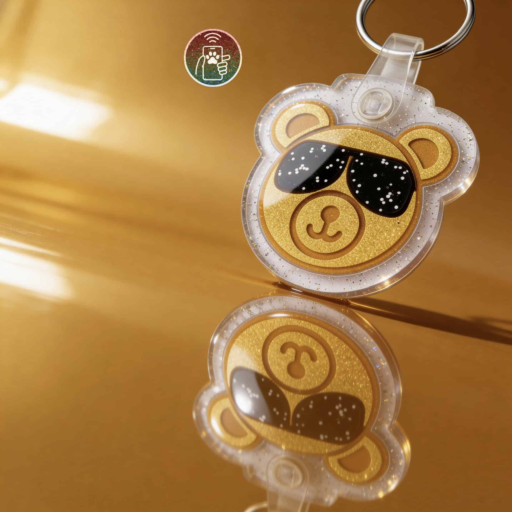 Bear-shaped NFC pet ID tag with sunglasses, reflective surface, and keyring attachment for dogs and.