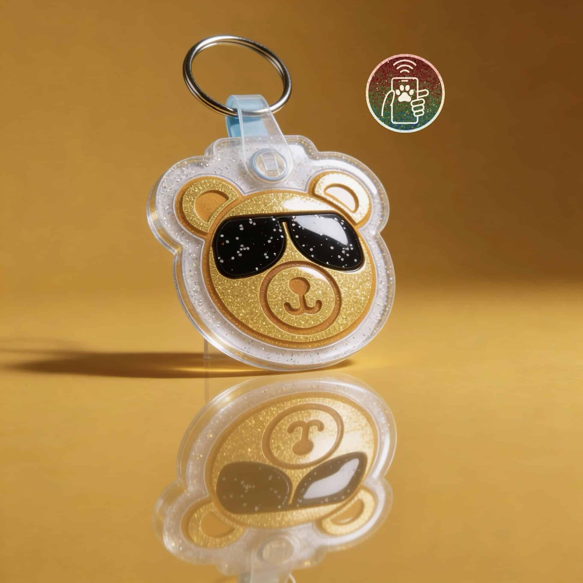Adorable bear-shaped NFC pet ID tag with sunglasses, glitter accents, and a keyring for dogs and cat.