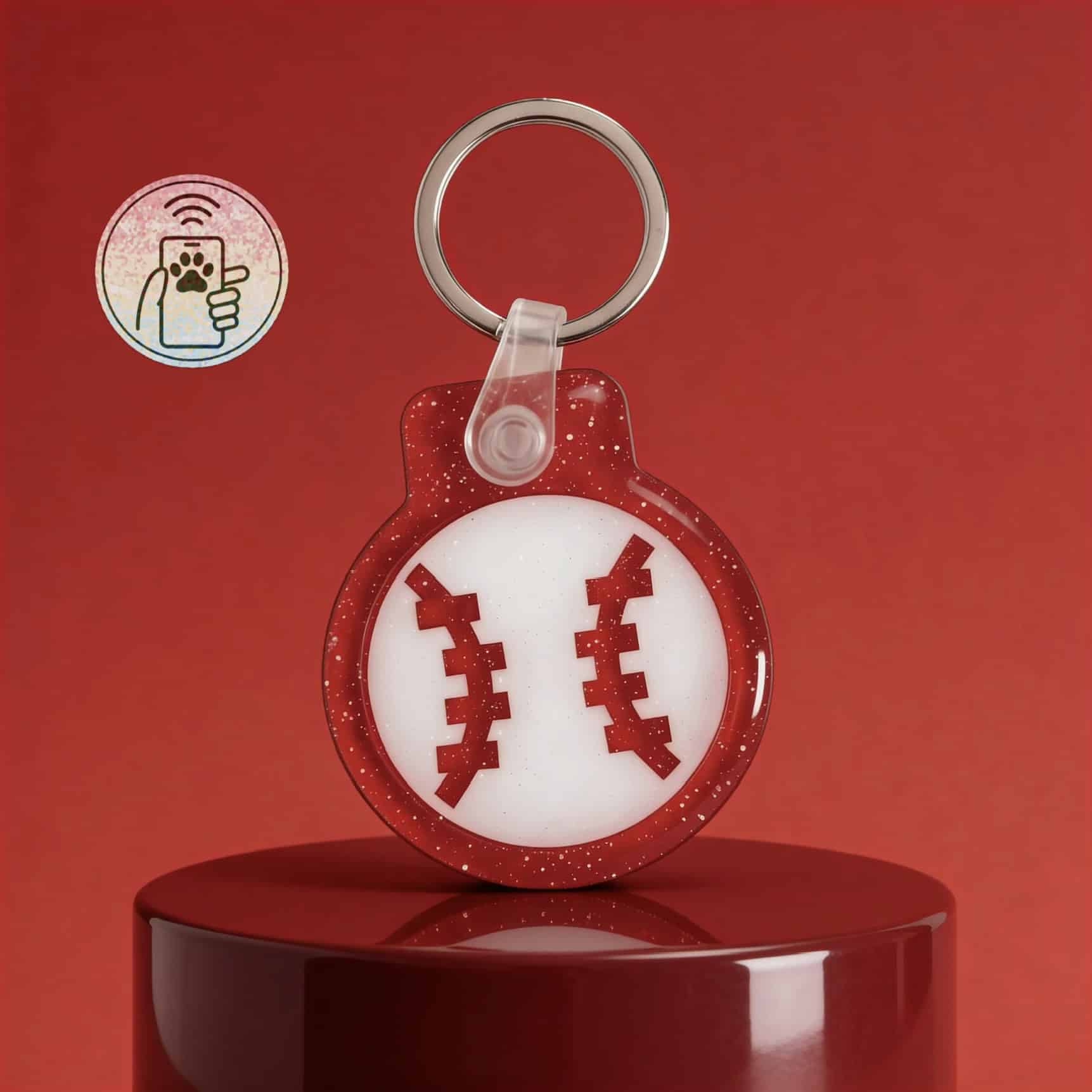 NFC pet ID tag shaped like a baseball for dogs and cats, with a keyring attachment. Perfect for styl.