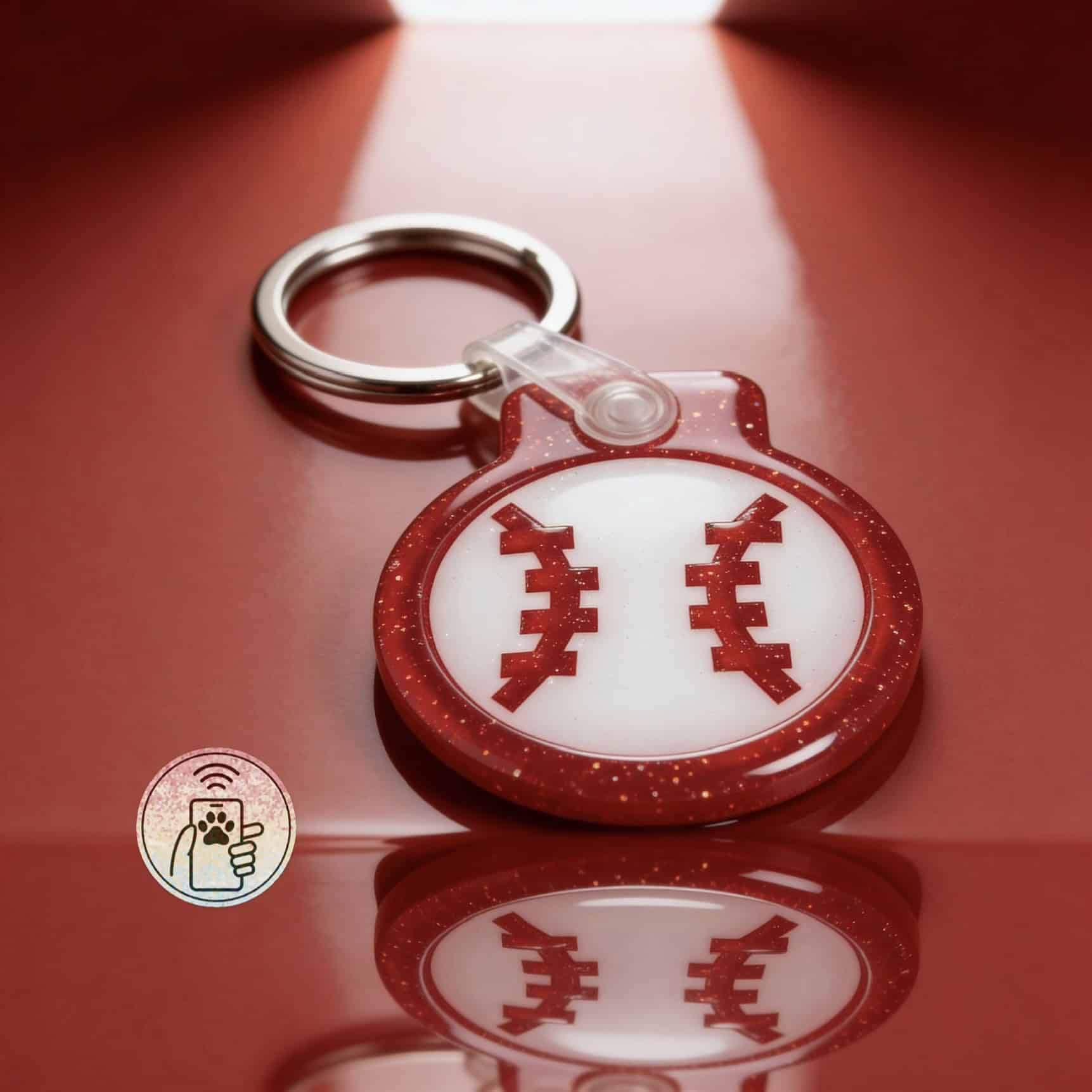 NFC pet ID tag in red glitter acrylic with barcode design for dogs and cats.