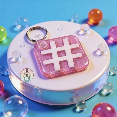 Pink glitter NFC pet ID tag with hashtag symbol, perfect for dogs and cats.