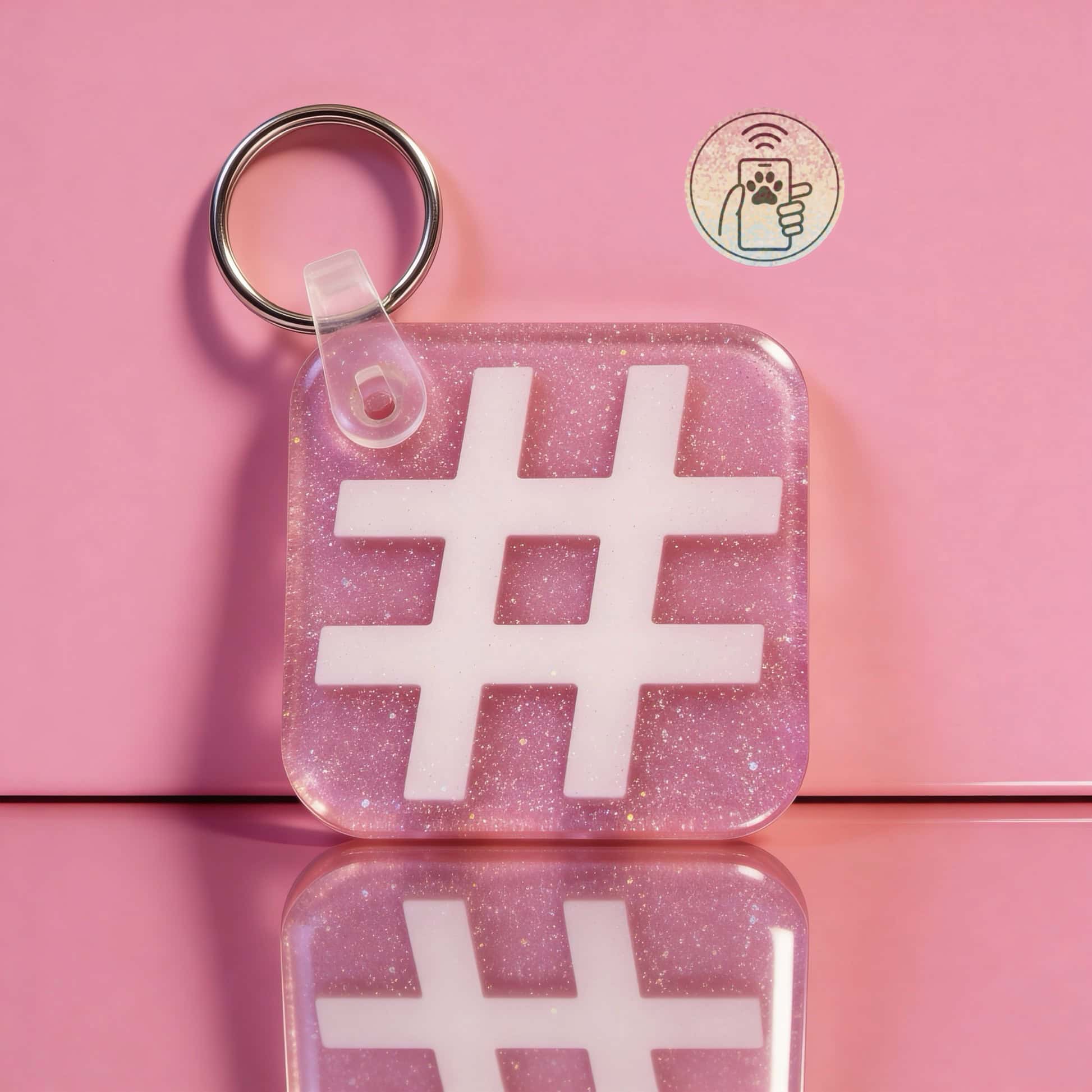NFC pet ID tag in pink glitter with hashtag shape, perfect for dogs and cats.