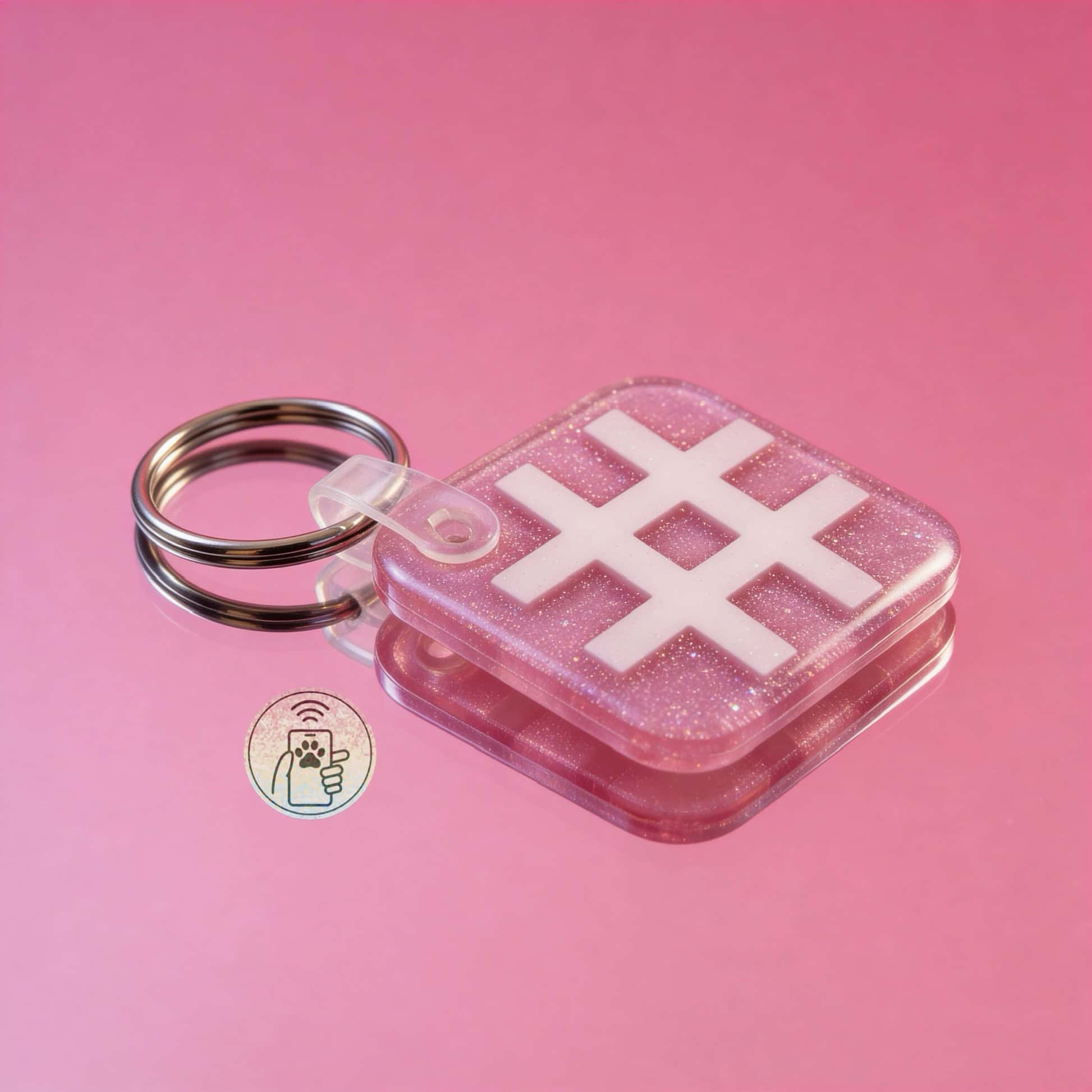 NFC pet ID tag in pink glitter with a white cross design, attached to a keyring.