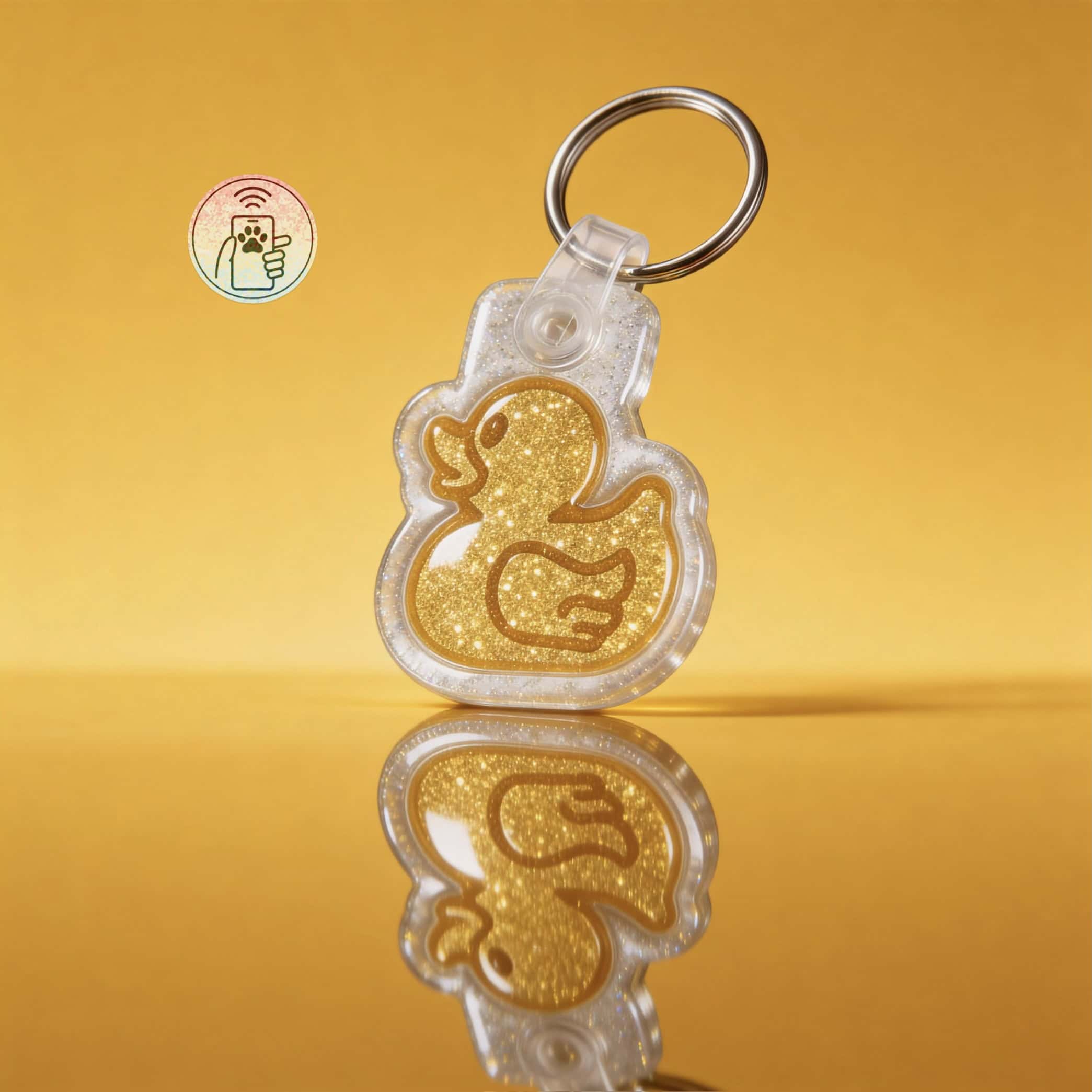 Glittery rubber duck-shaped NFC pet ID tag for dogs and cats with keyring.