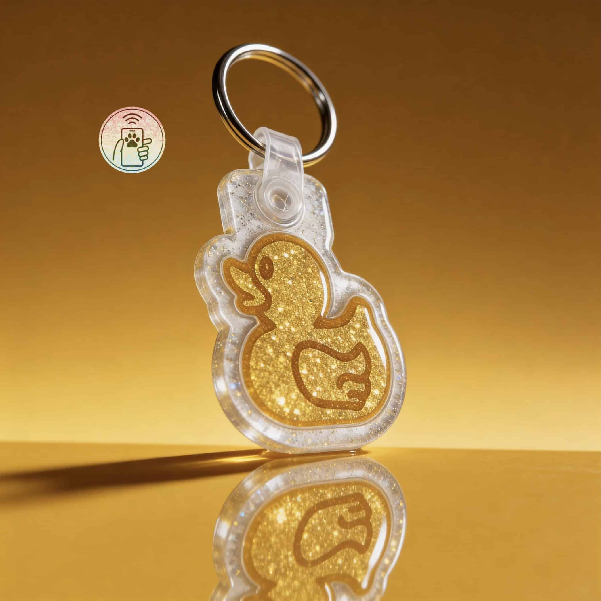 ALTERN tag for a glittery duck-shaped pet ID tag with a clear acrylic border and a metal keyring.