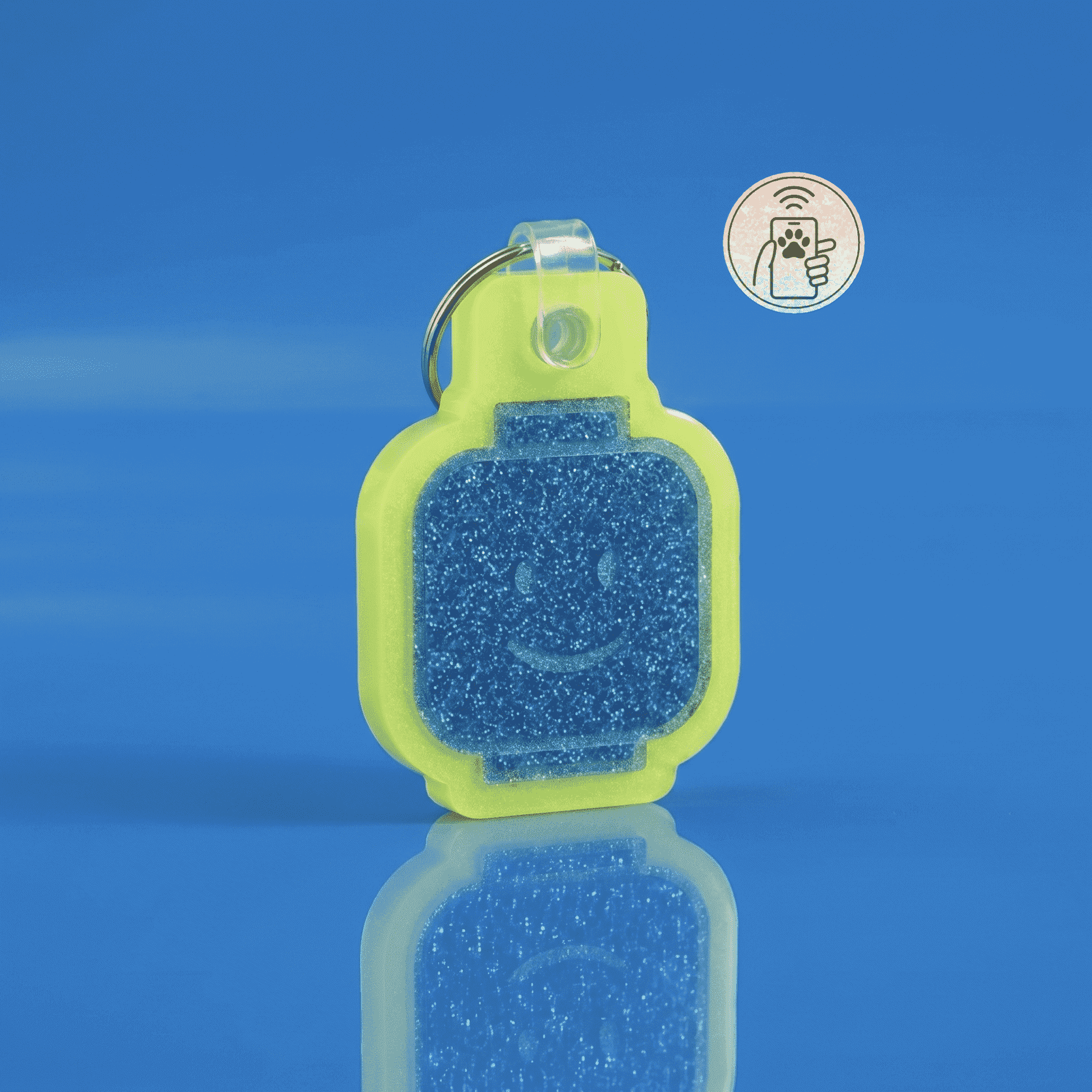 Bright green NFC pet ID tag with glitter, designed for dogs and cats, featuring a smiley face — Shiloh's House smart NFC pet tag with free companion Lohji app.