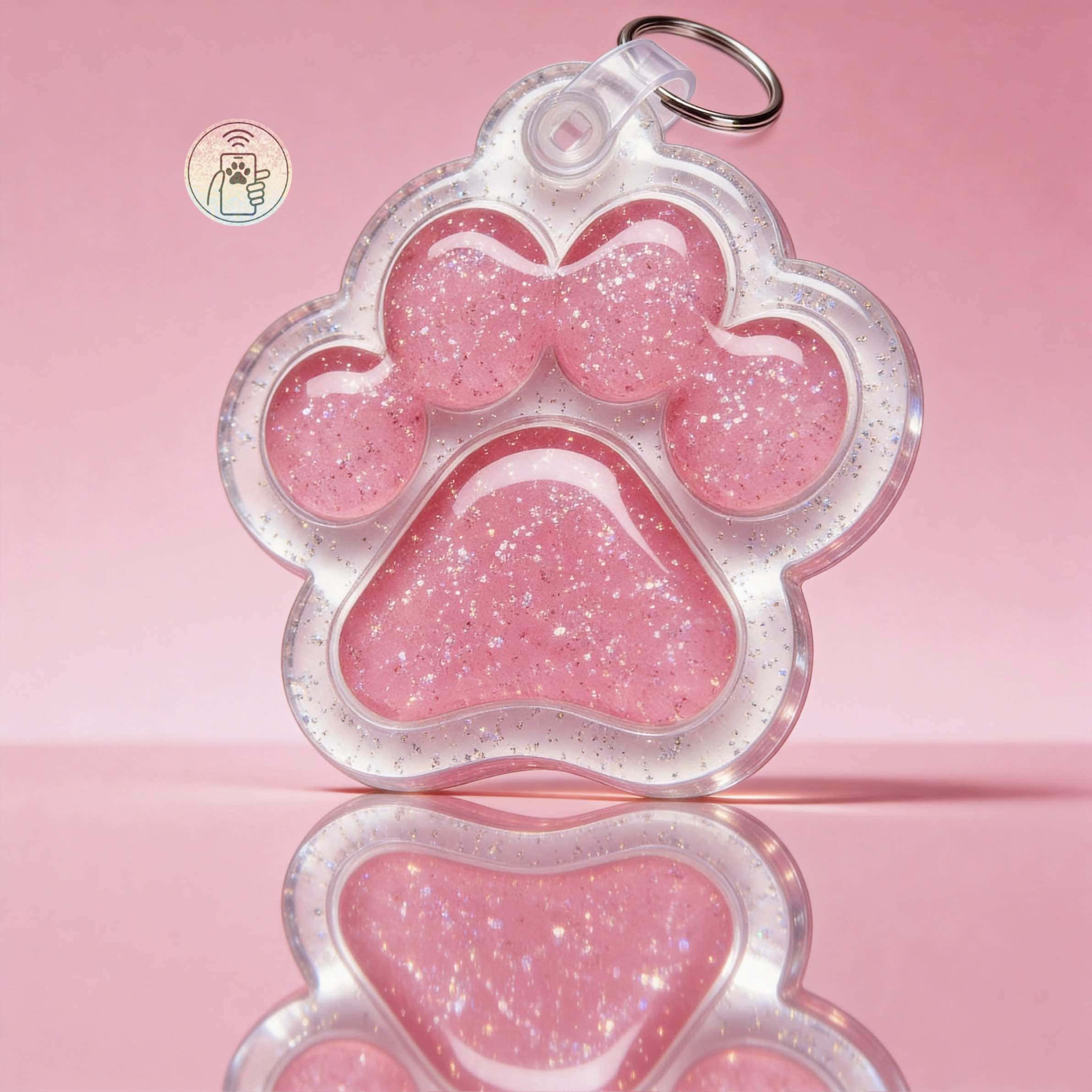 Pink paw-shaped NFC pet ID tag with glitter for dogs and cats.