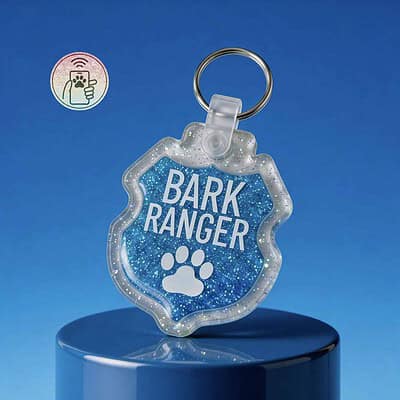 Dog tag with "BARK RANGER" text and paw print, shaped like a badge, with glittery blue background.