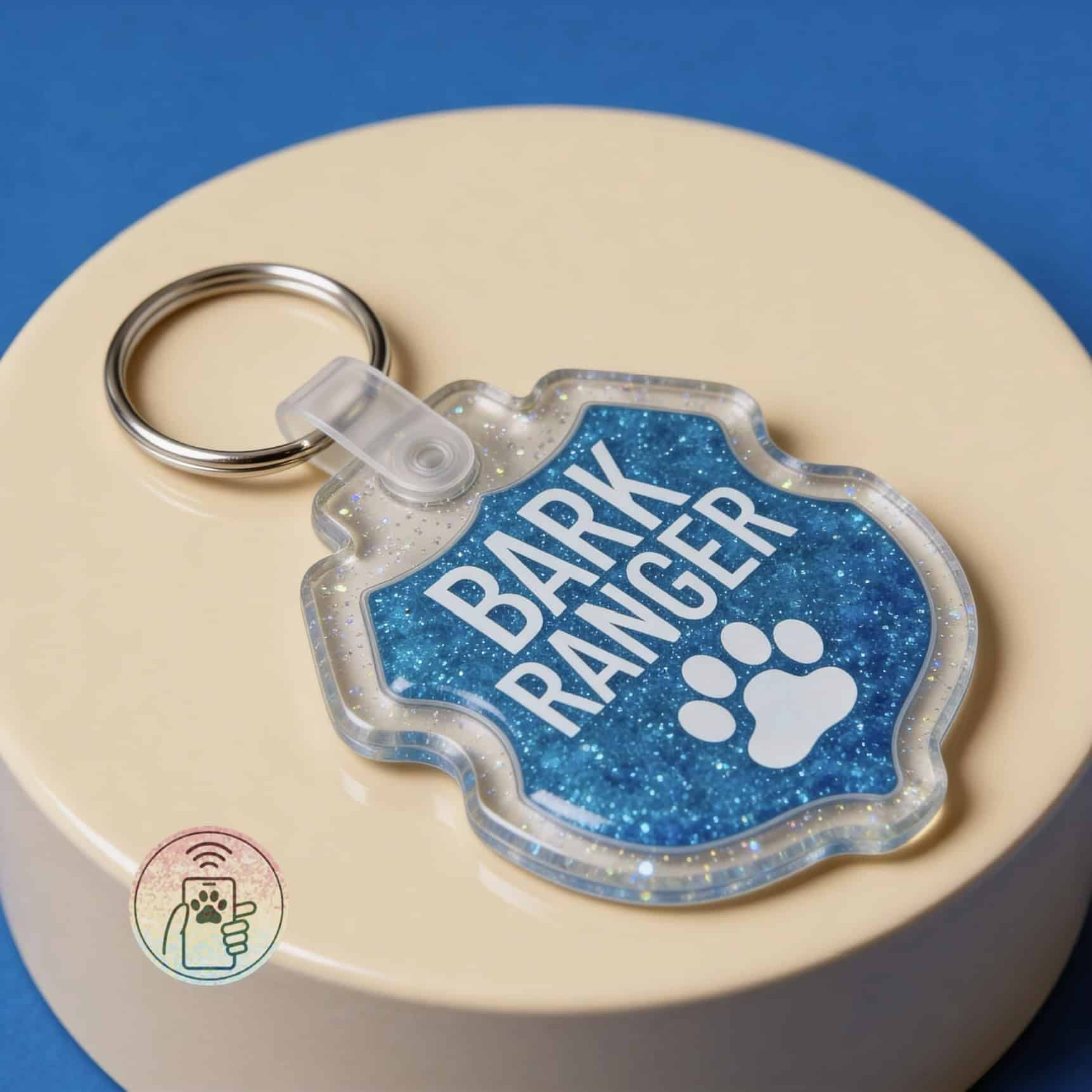 Dog ID tag with Bark Ranger design, NFC-enabled, in a clear acrylic shape.