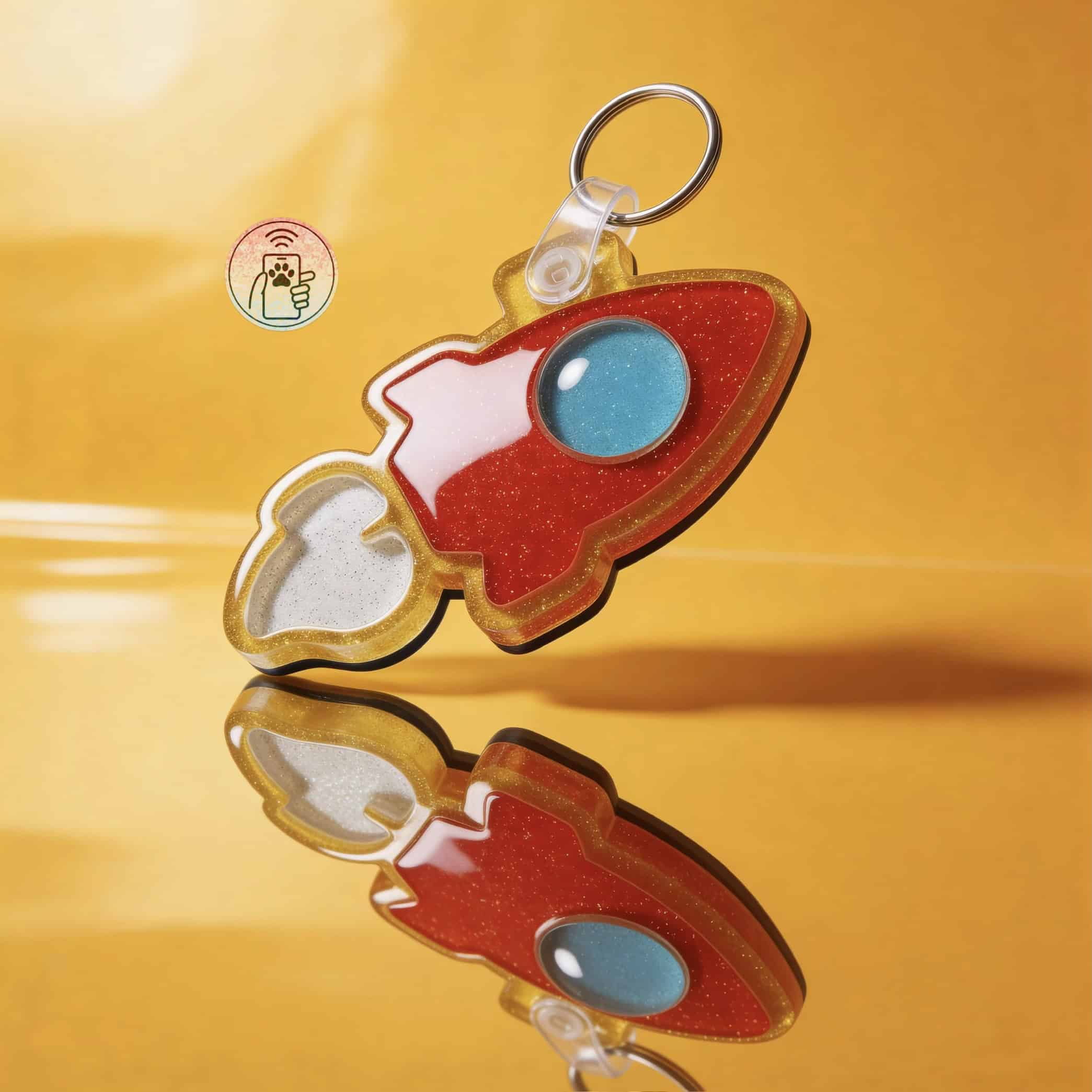 NFC pet ID tag shaped like a rocket, featuring red, white, and blue colors, ideal for dogs and cats.