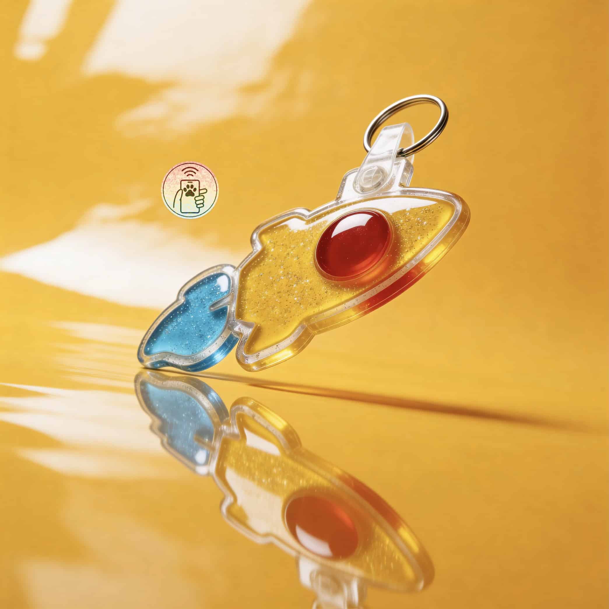 Colorful unicorn-shaped NFC pet ID tag with red and blue accents, designed for dogs and cats.
