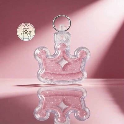 Pink crown-shaped NFC pet ID tag with glitter for dogs and cats.