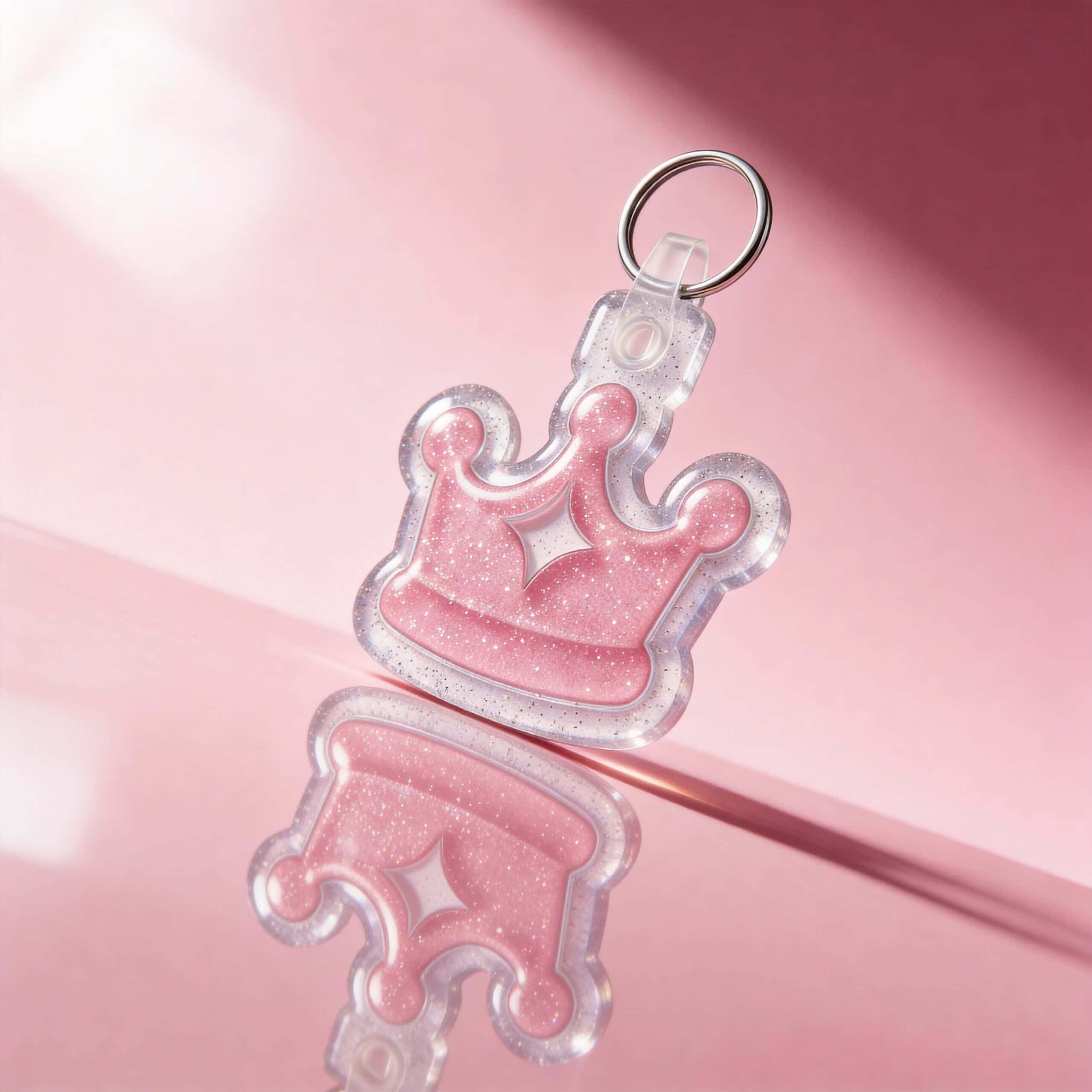Pink glitter crown-shaped NFC pet ID tag for dogs and cats with keyring attachment.