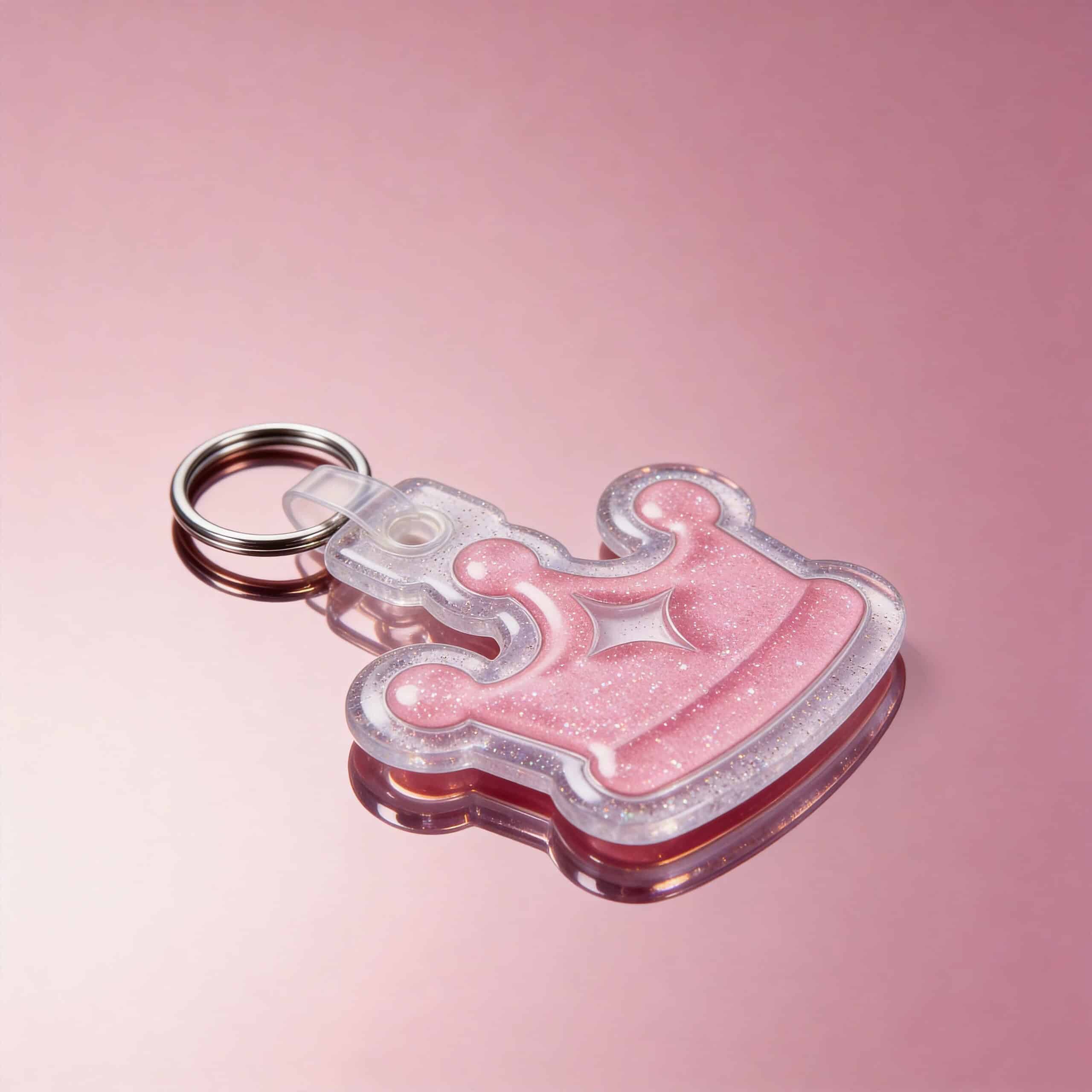 Glitter pink crown-shaped NFC pet ID tag for dogs and cats.