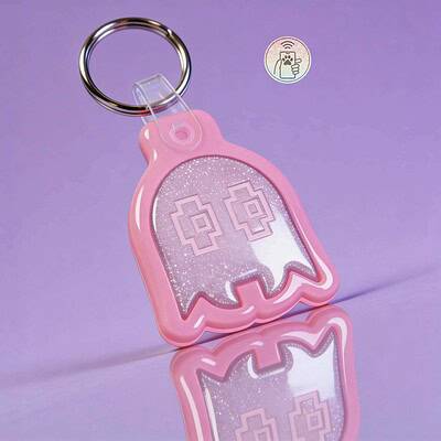 Pink ghost-shaped NFC pet ID tag with glitter, designed for dogs and cats.