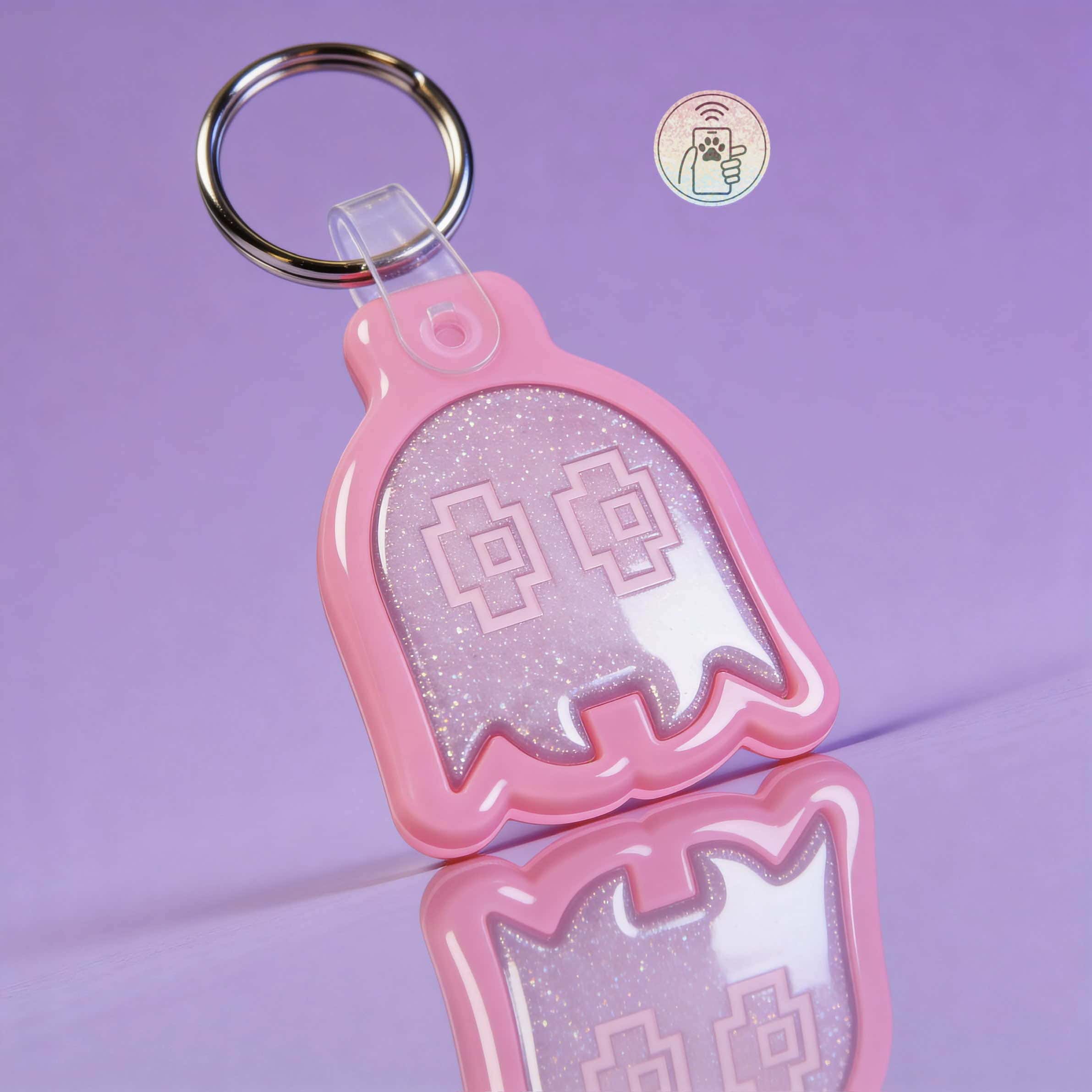 Pink ghost-shaped NFC pet ID tag with glitter, designed for dogs and cats.
