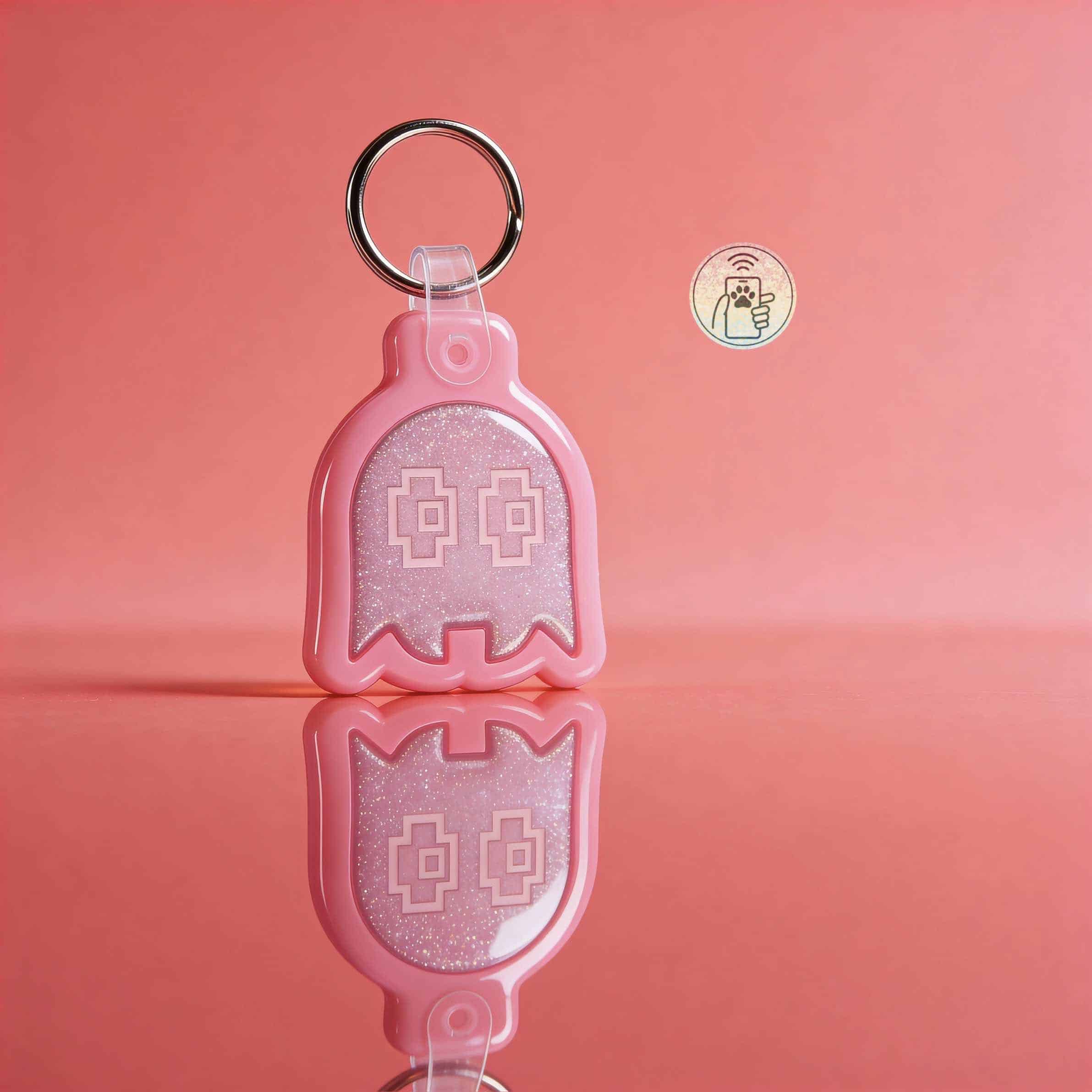 NFC pet ID tag in pink ghost shape with glitter, perfect for dogs and cats.
