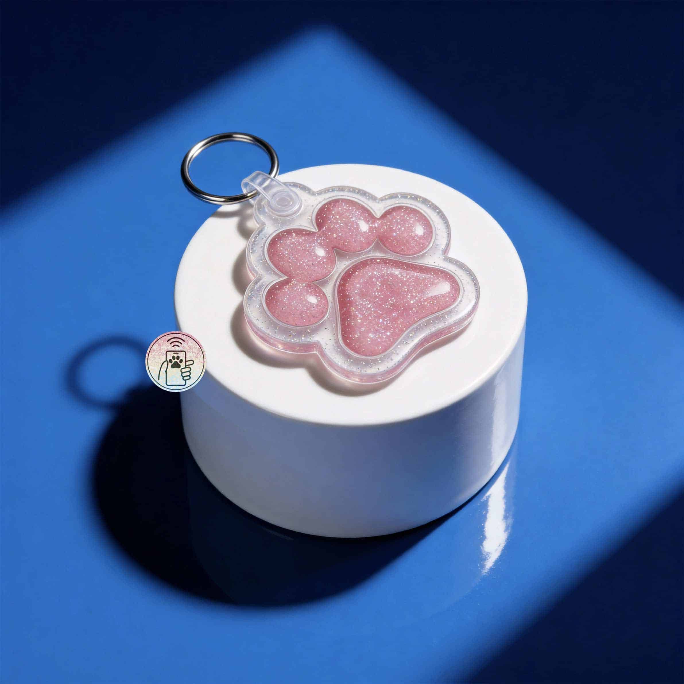 Pink glitter paw-shaped NFC pet ID tag on white display with blue background.
