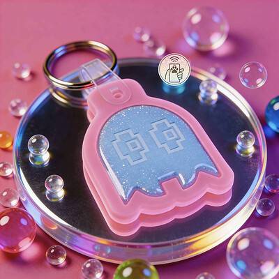 NFC pet ID tag in pink ghost shape with digital pattern, surrounded by bubbles on a reflective surfa.