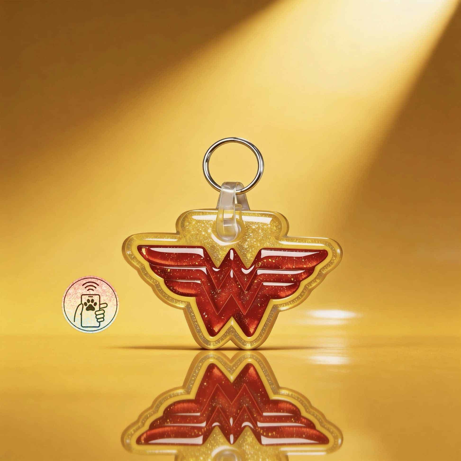 Designer Wonder Woman shield-shaped NFC pet ID tag for dogs and cats.
