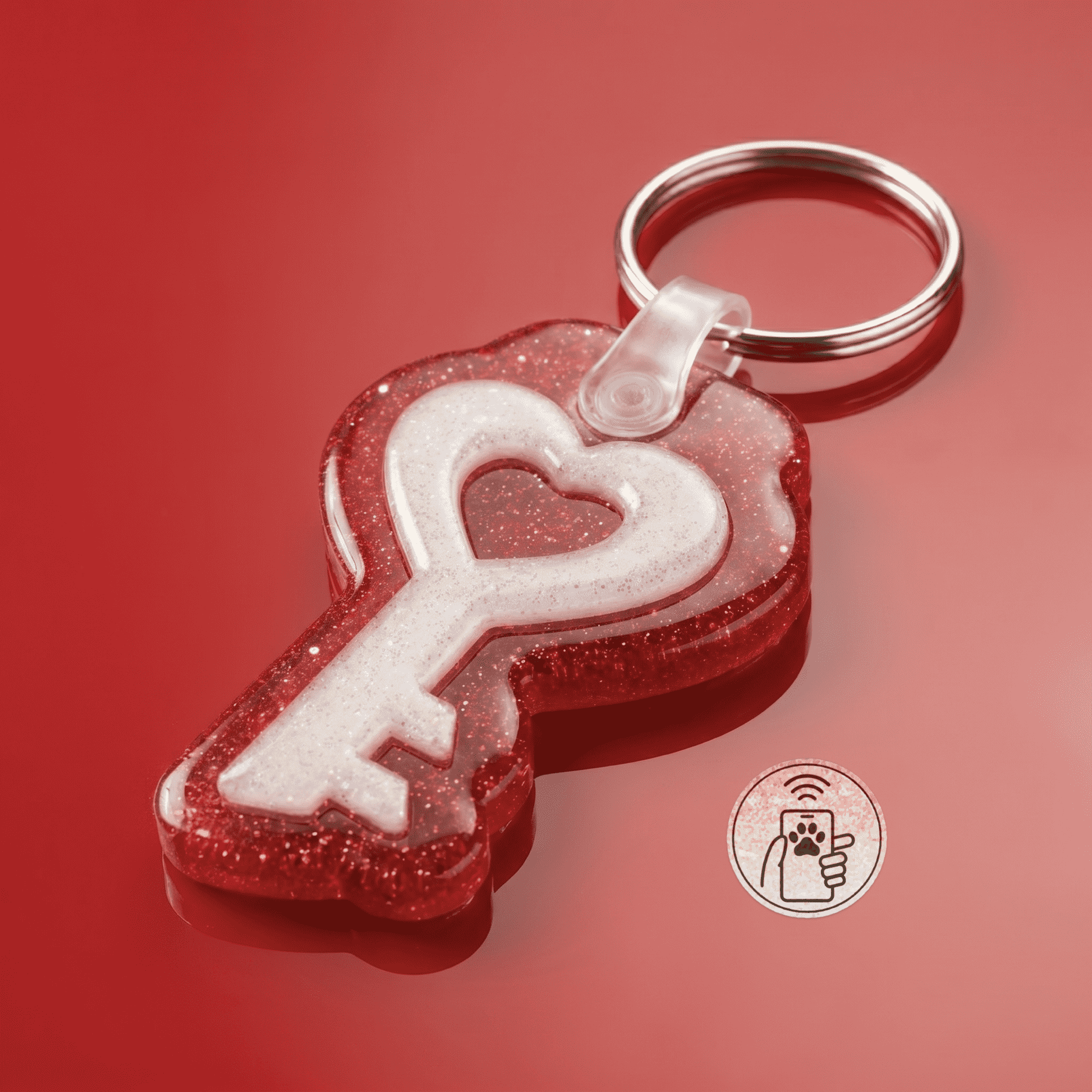 NFC pet ID tag in heart shape with female symbol, glittery acrylic, and keyring for dogs and cats — Shiloh's House smart NFC pet tag with free companion Lohji app.