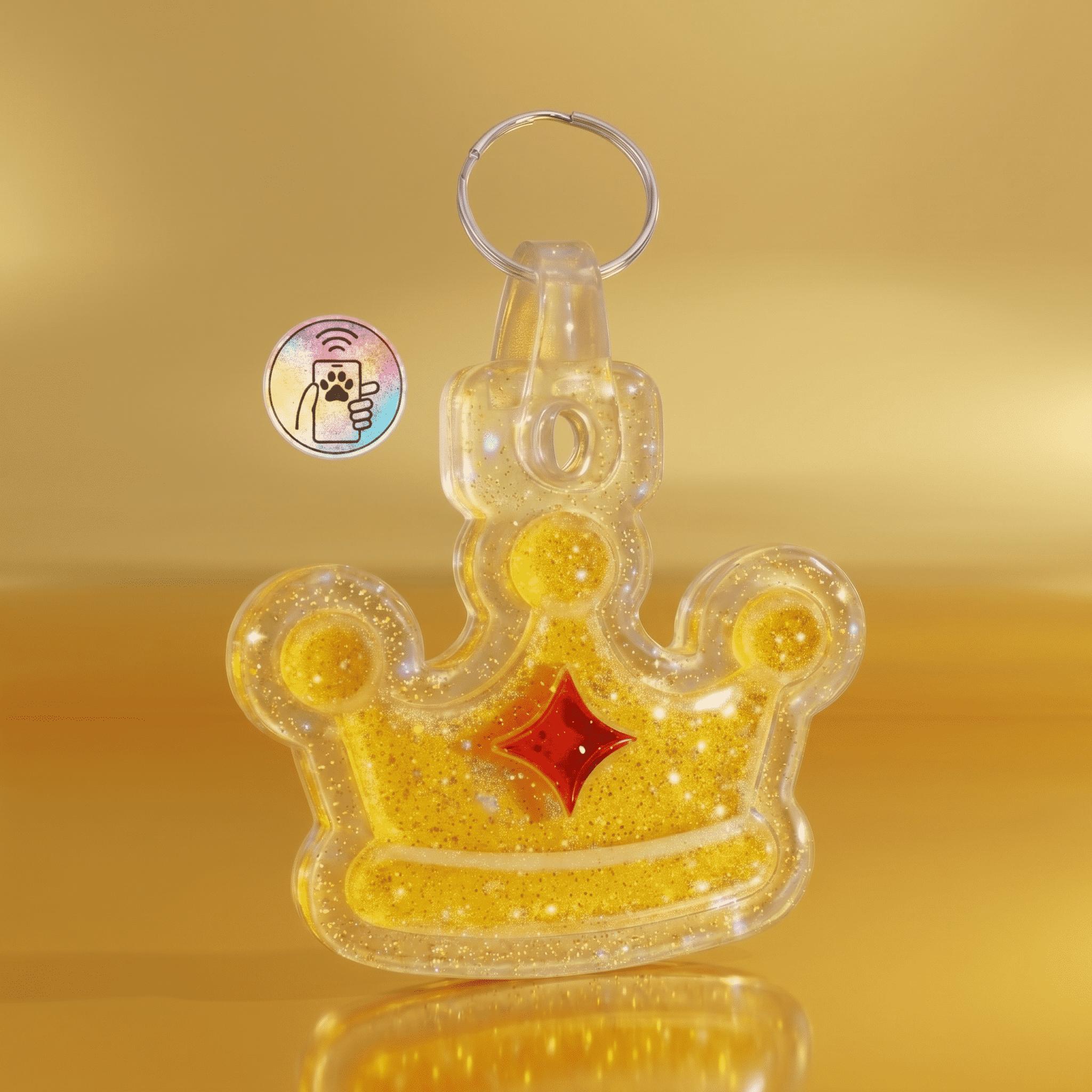 Clear acrylic crown-shaped pet ID tag with yellow glitter and red star, designed for dogs and cats — Shiloh's House smart NFC pet tag with free companion Lohji app.