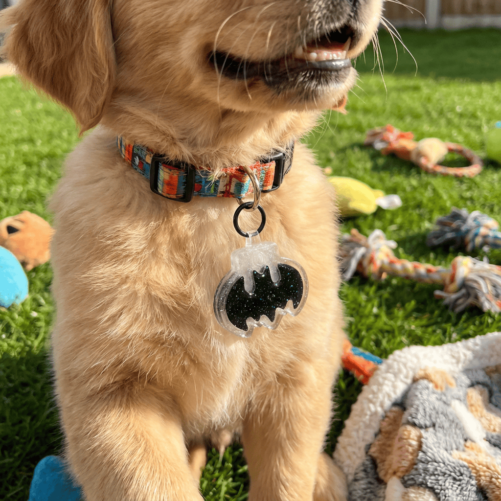 Jordan's pup wearing the batman smart pet tag