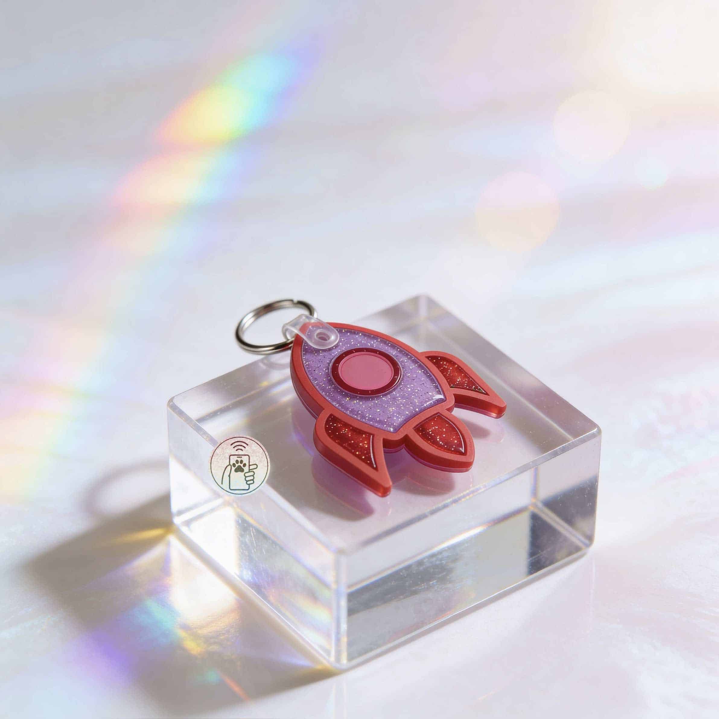 NFC pet ID tag shaped like a rocket with glitter details, perfect for dogs and cats — Shiloh's House smart NFC pet tag with free companion Lohji app.
